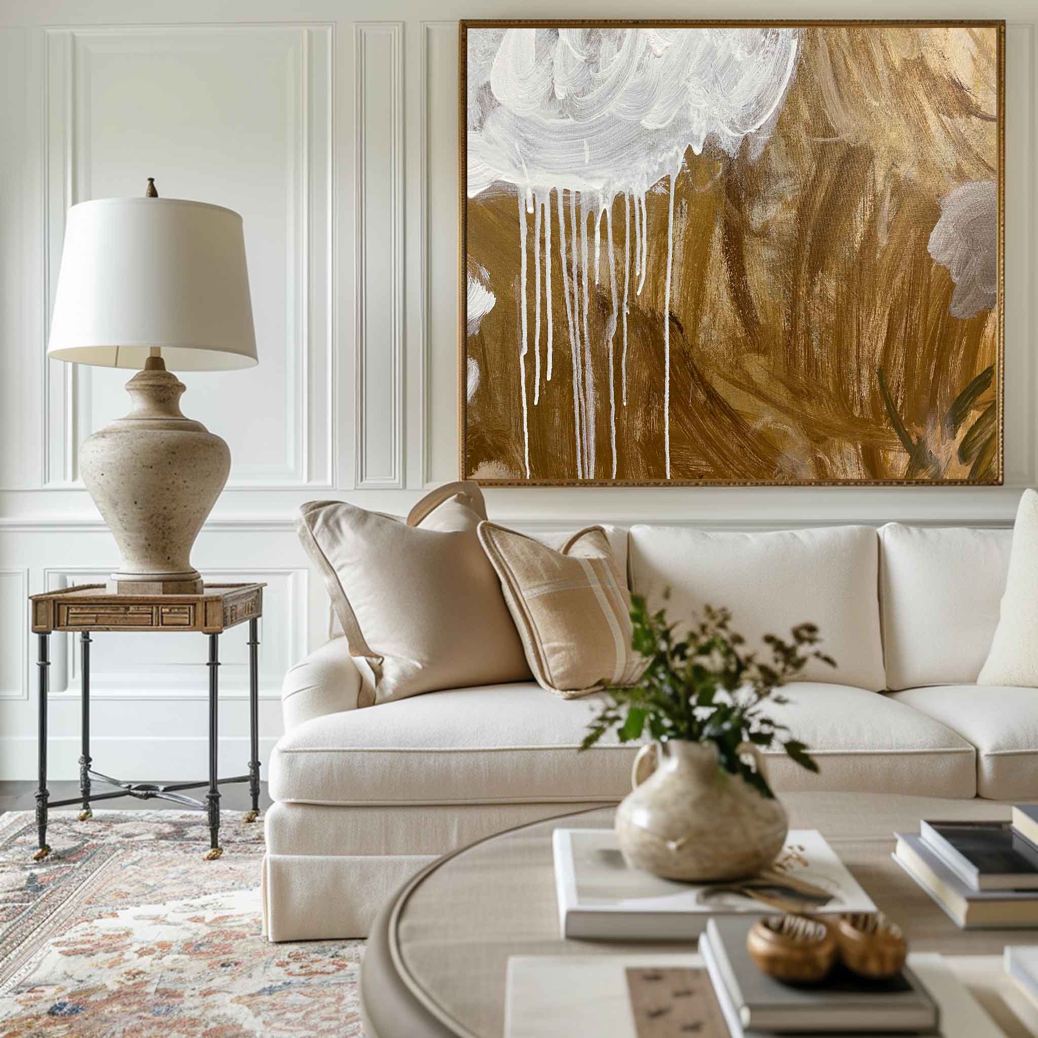 Luxury Golden Toned Dripping Paint Abstract Hanging Artwork