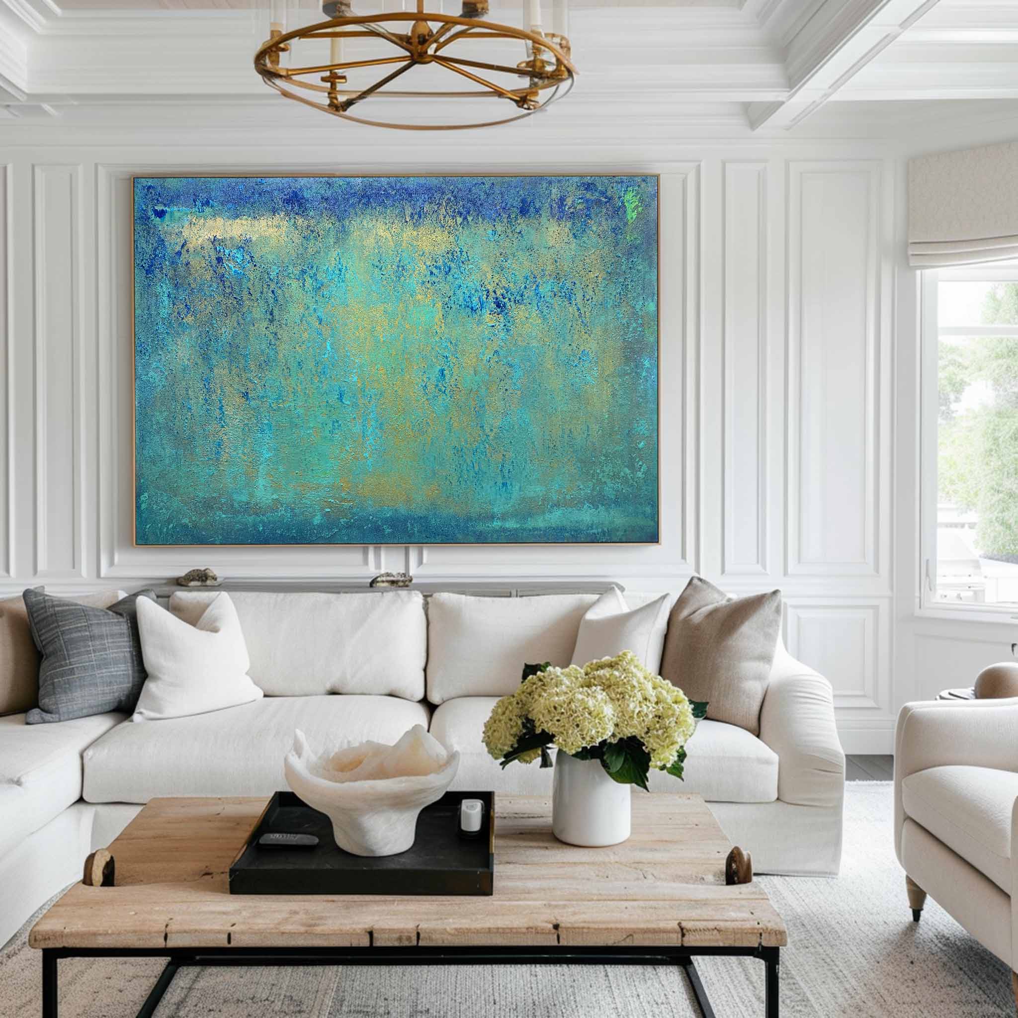Turquoise Horizon Textured Abstract Unstretched Linen Canvas Wall Art