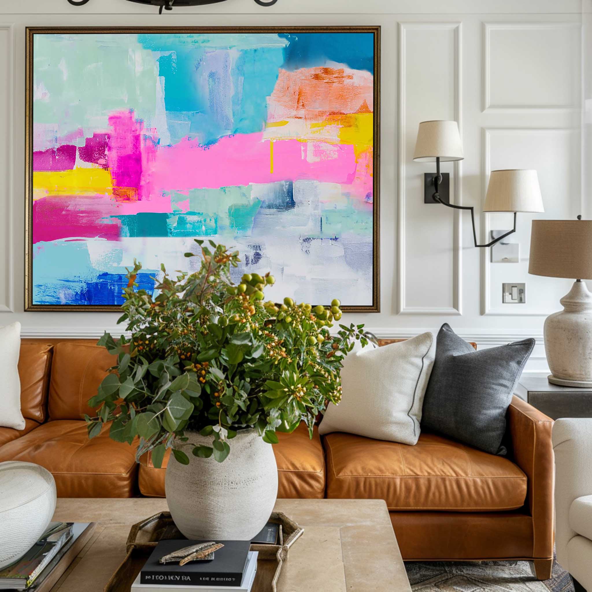 Pink‑Teal‑Yellow‑Blue Horizontal Bold Geometric Abstract Textured Artwork