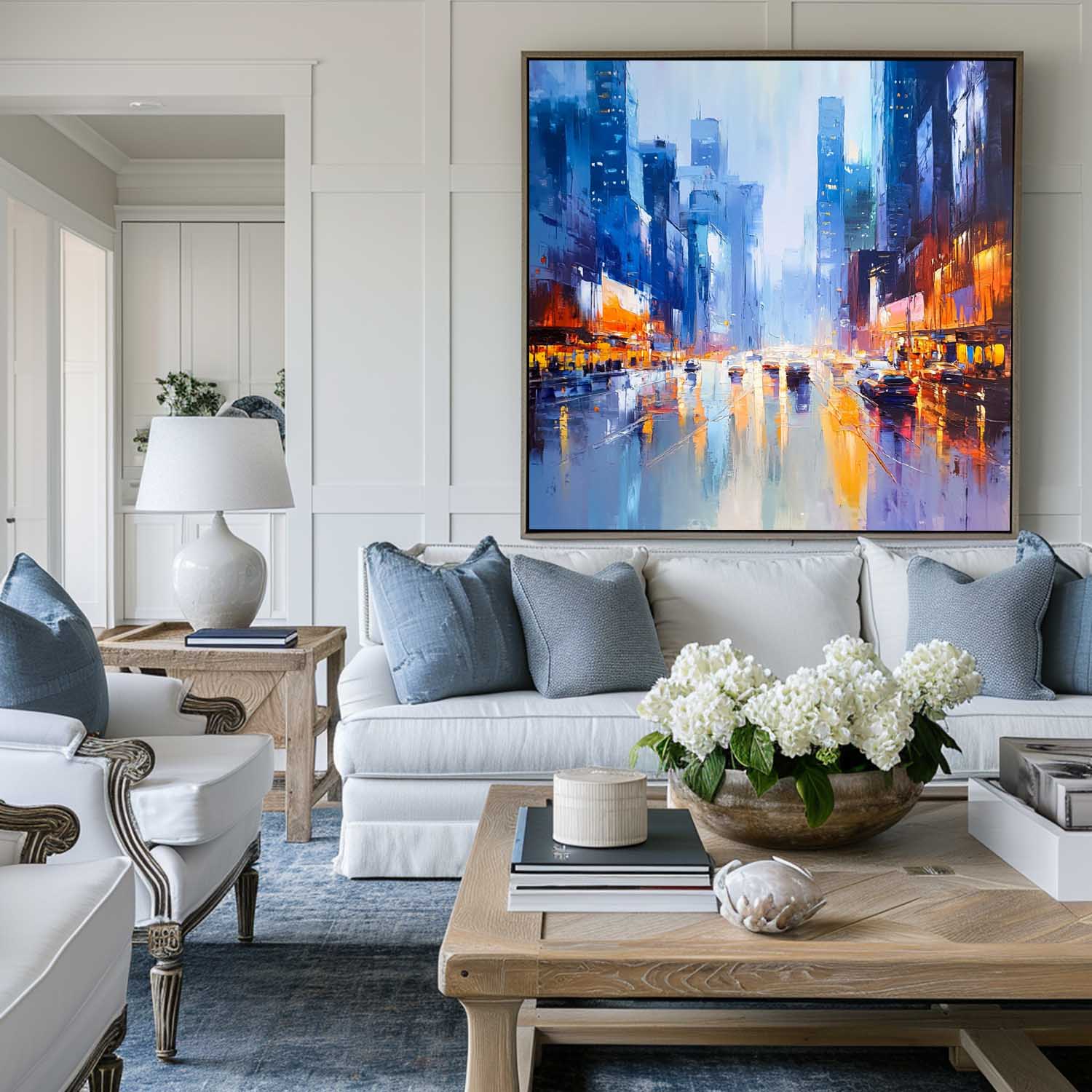 City Night Rain Reflection Oil Painting