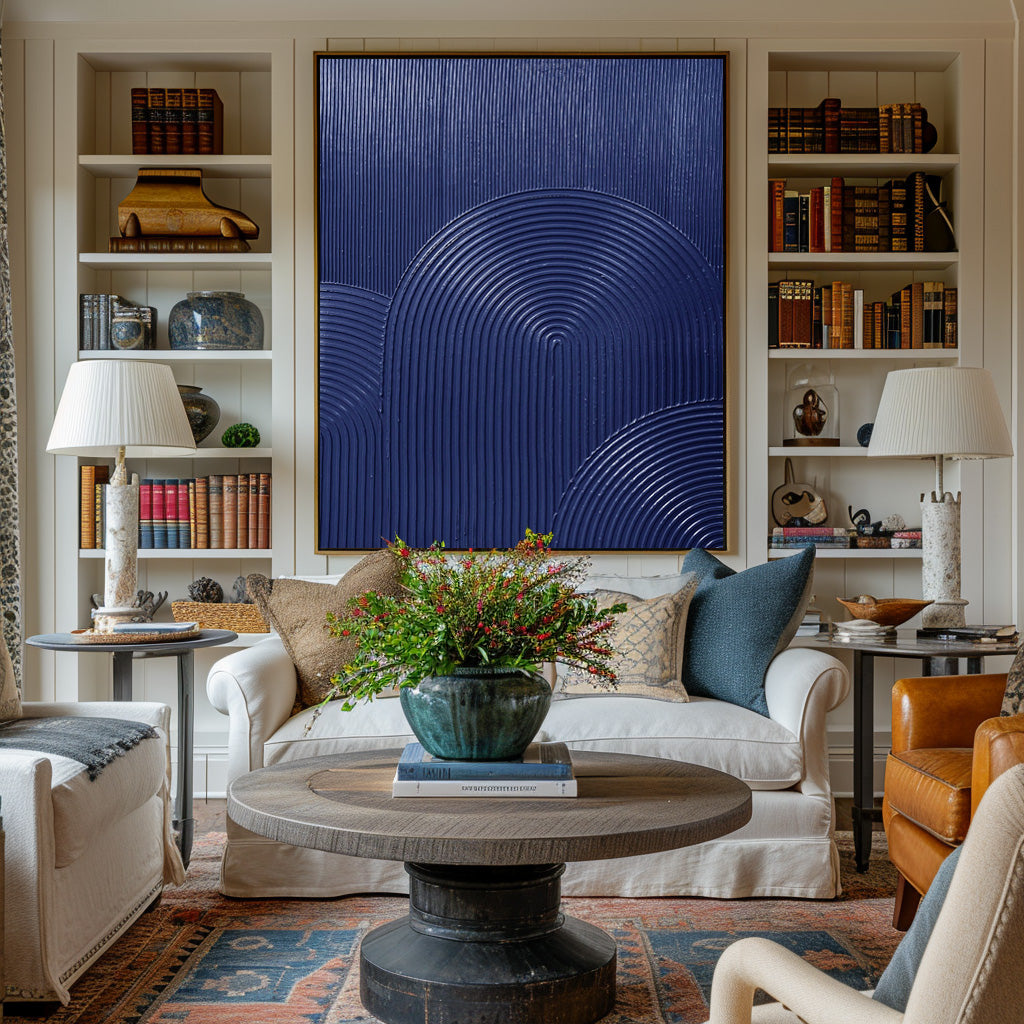 Wall Art Navy Blue Arched Lines Geometric Minimalist Texture Living Room | Neutralighting