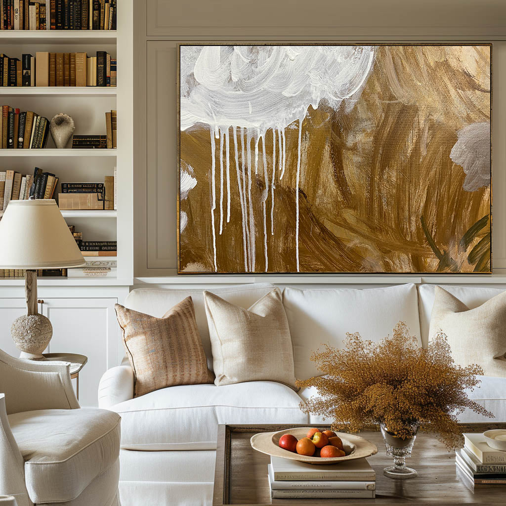 Luxury Golden Toned Dripping Paint Abstract Hanging Artwork