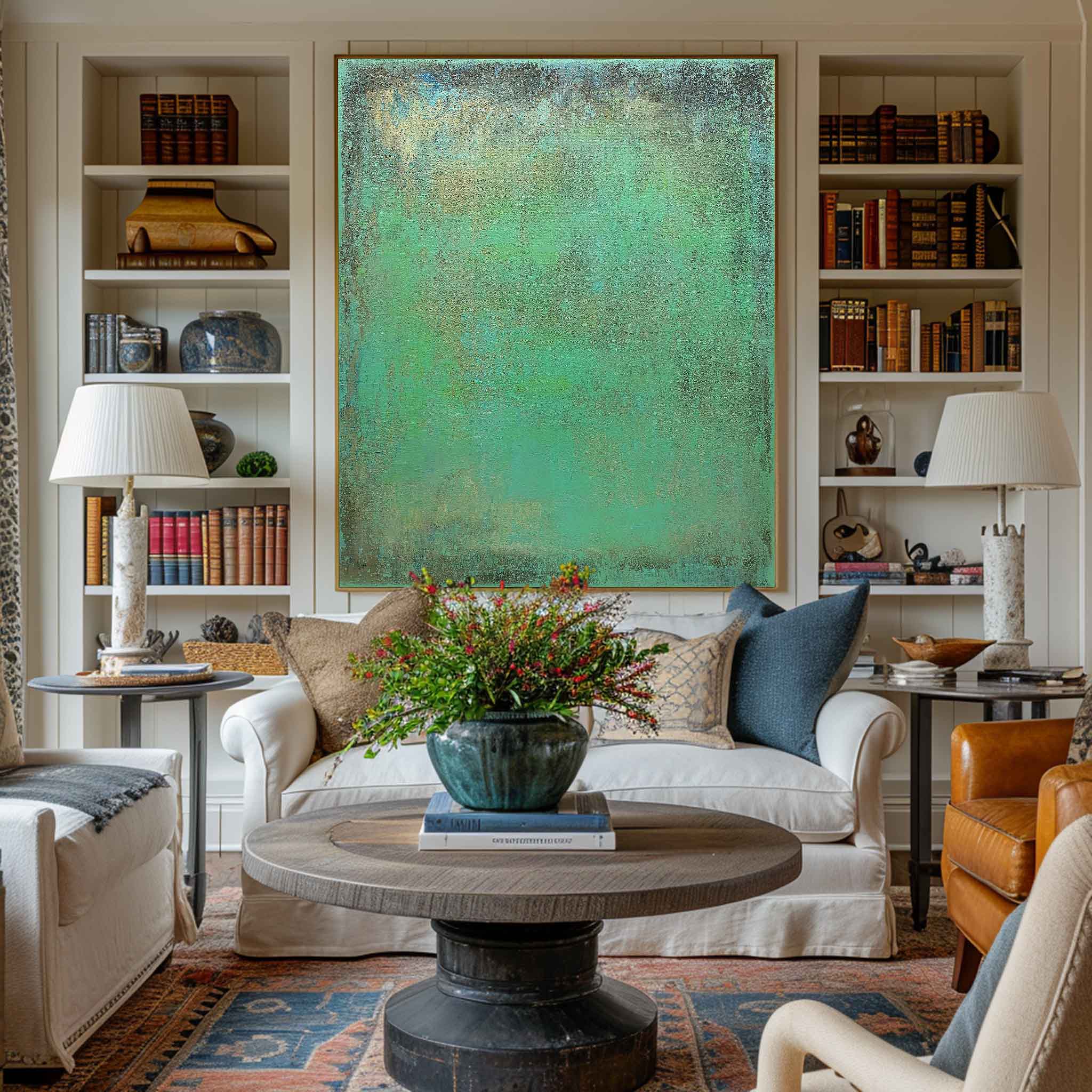 Muted‑Green Gold‑Fleck Vertical Textured‑Wash Impasto Artwork