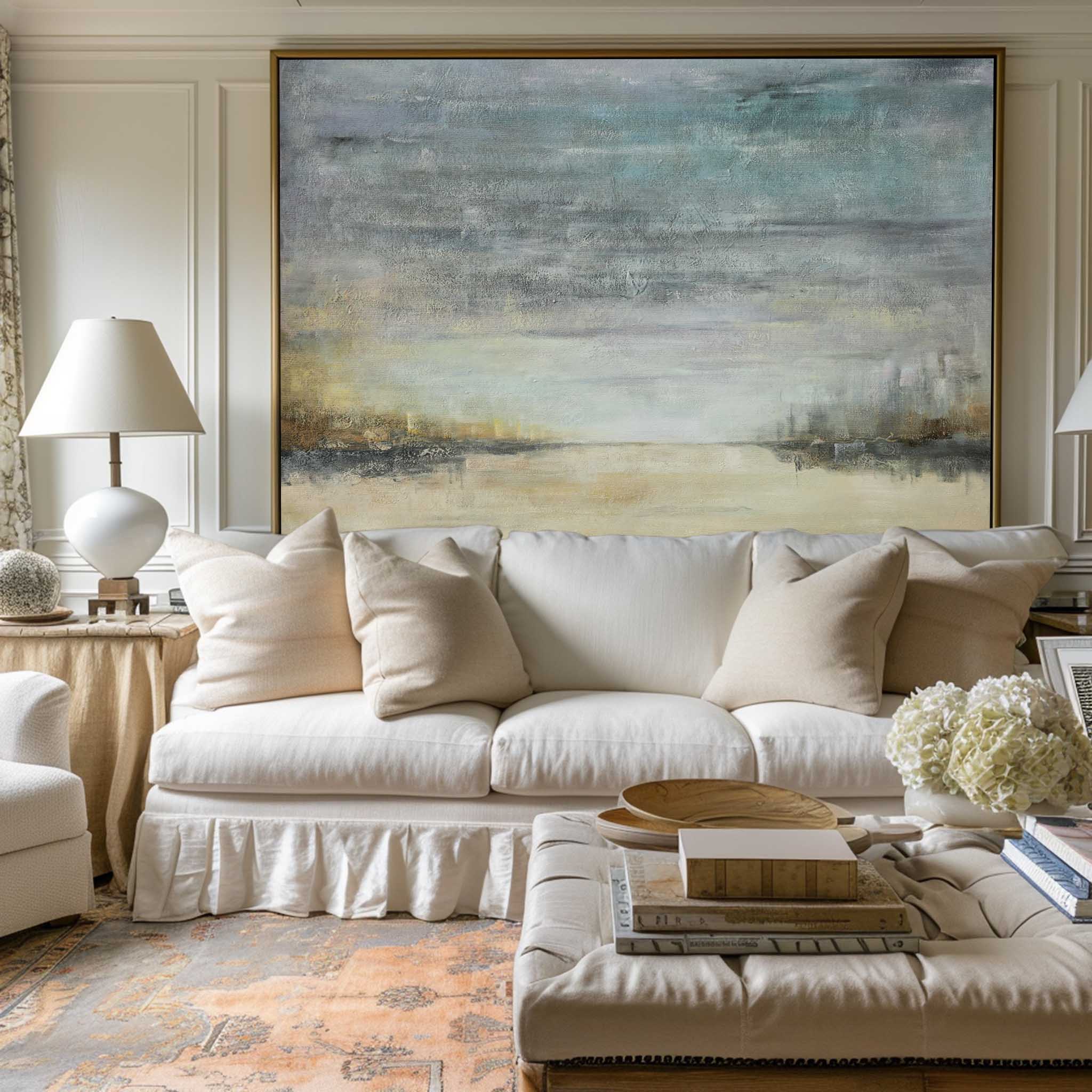 Teal‑Beige‑Gold Horizontal Abstract Coastal Seascape Textured Artwork