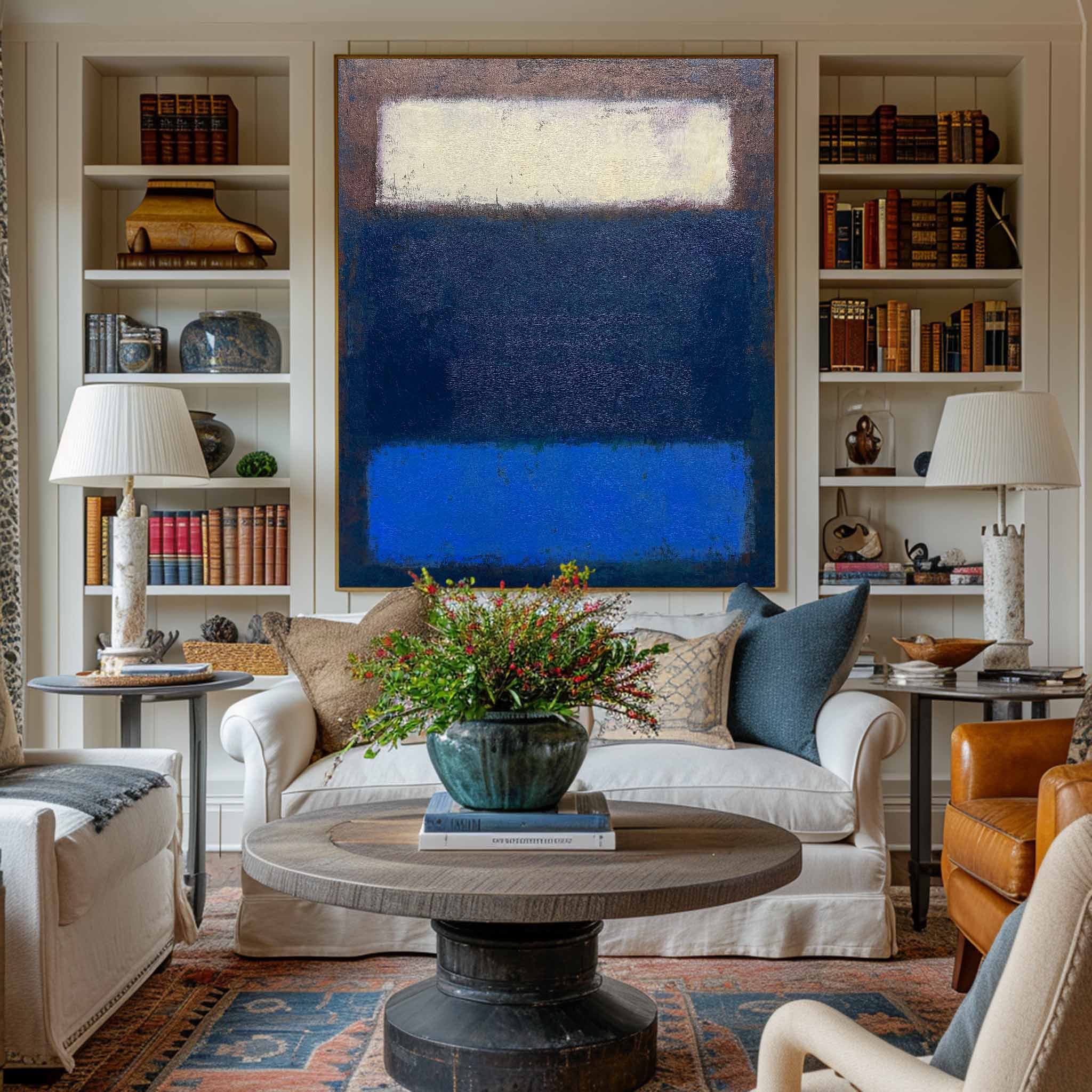Navy‑Blue Cream‑Block Vertical Layer‑Panel Impasto Textured Artwork