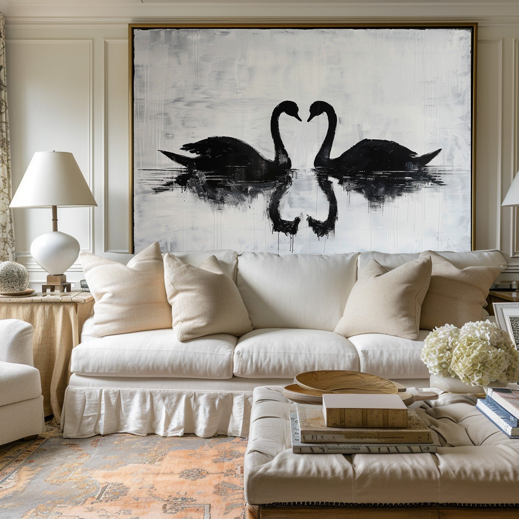 Monochrome Twin Swans  Reflection‑Theme Minimalist Abstract Brush‑Textured Artwork