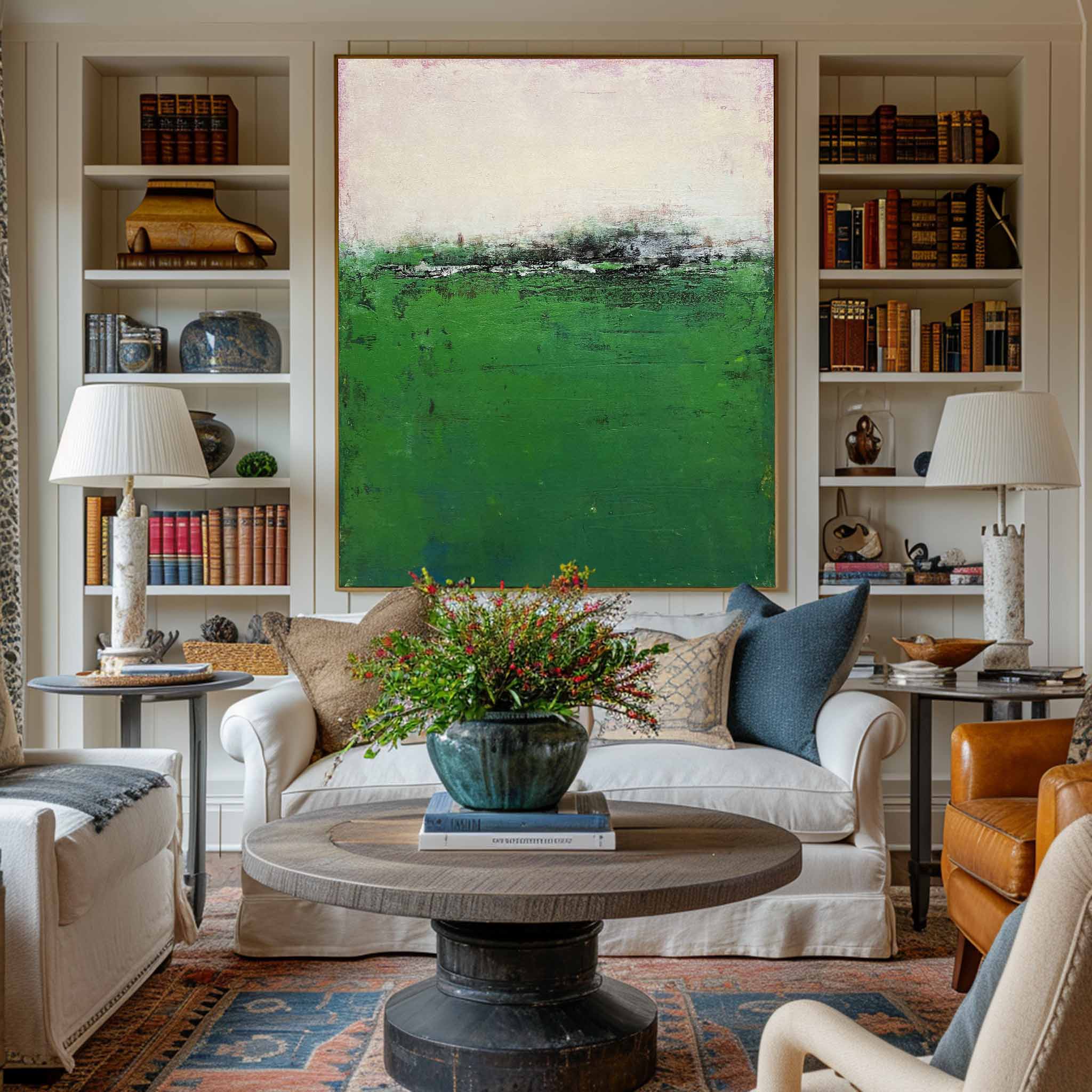 Minimalist Green White Abstract Landscape Oil Painting