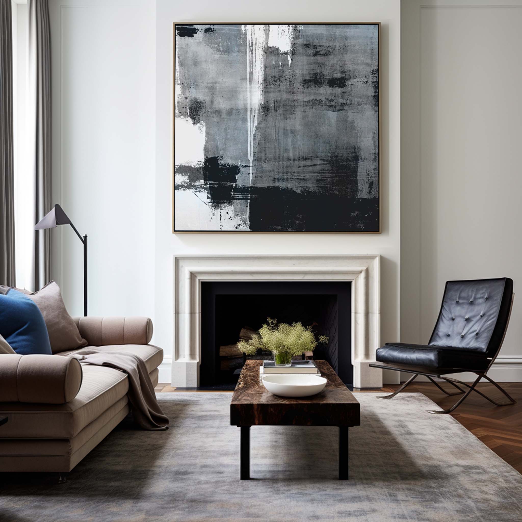 Blue Black White Abstract Painting