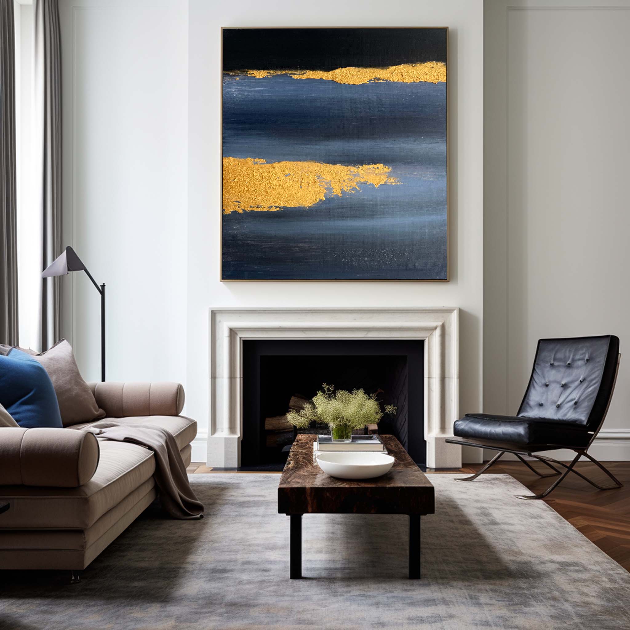 Metallic Gold Foil Deep Blue Abstract Linen Canvas Wall Hanging