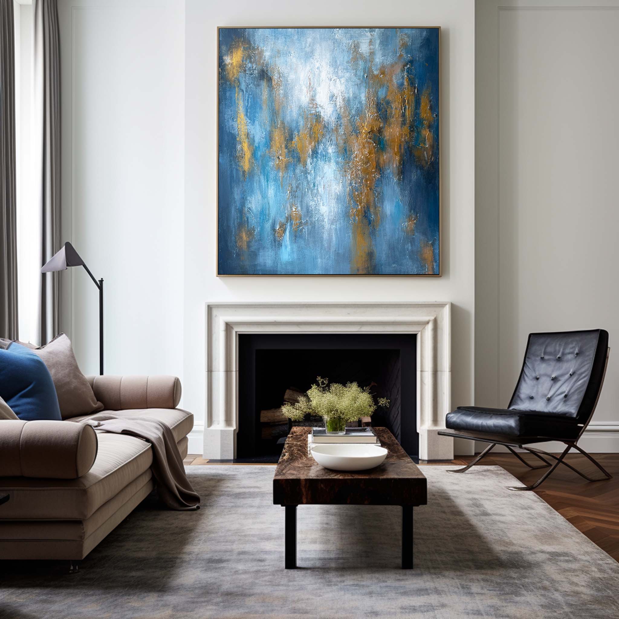 Sapphire‑Gold Palette Thick‑Texture Abstract Wall Piece