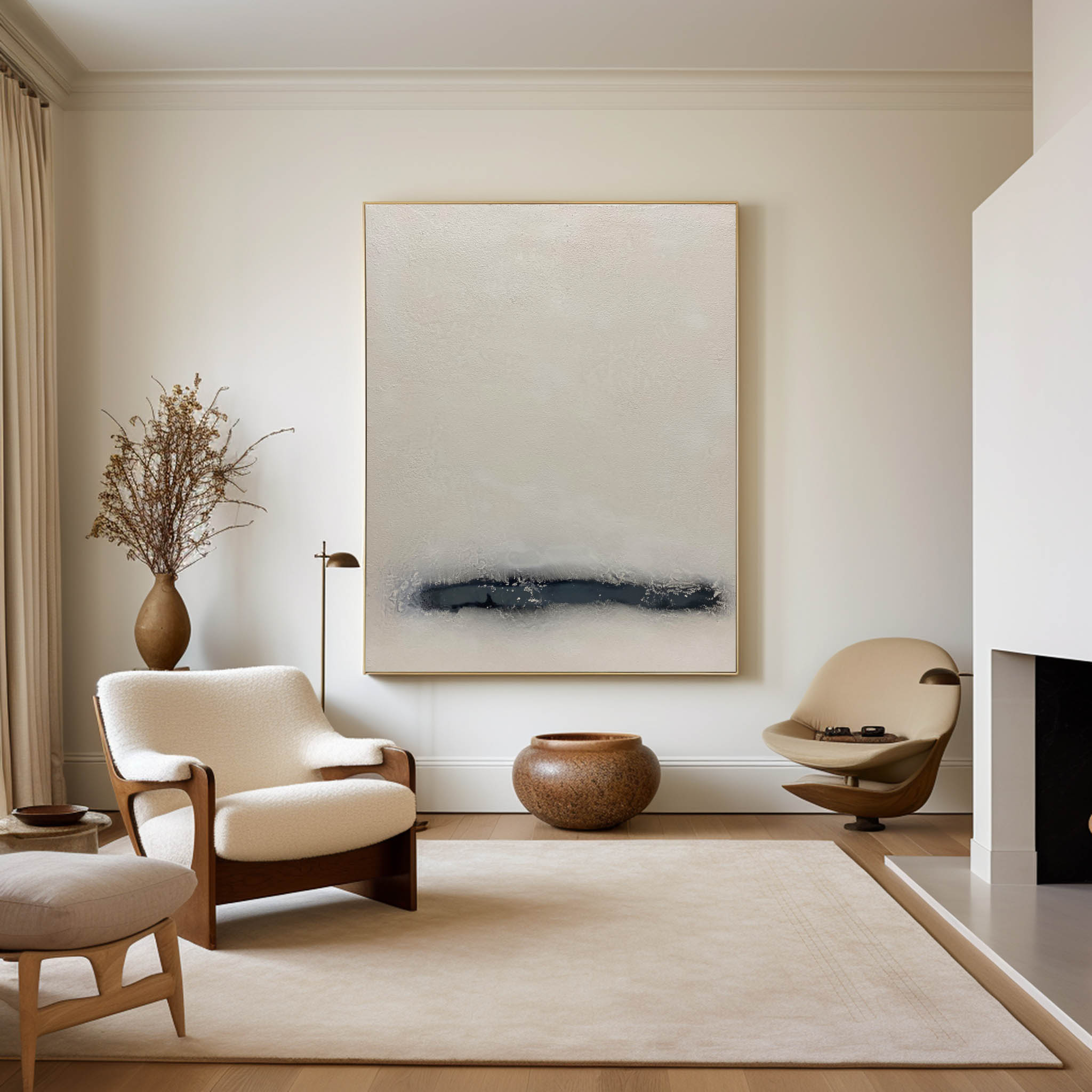 Beige‑Charcoal Vertical Streak‑Band Impasto‑Textured Artwork