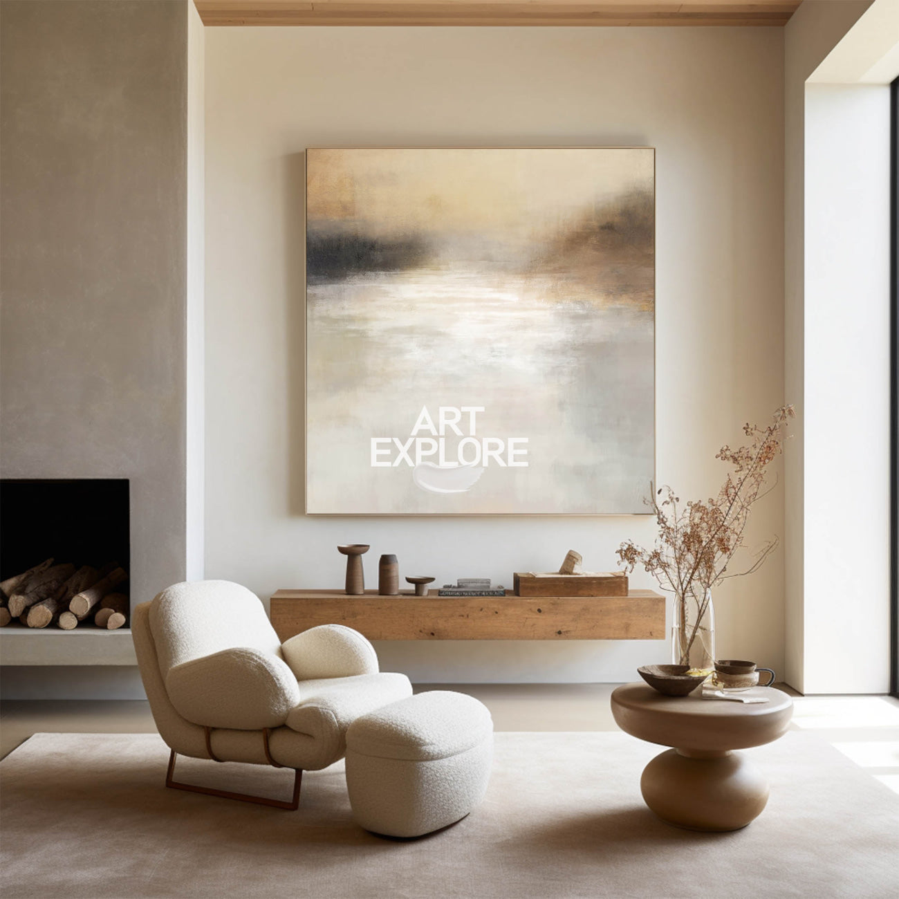 Misty Neutral Horizon Abstract Landscape Wall Art