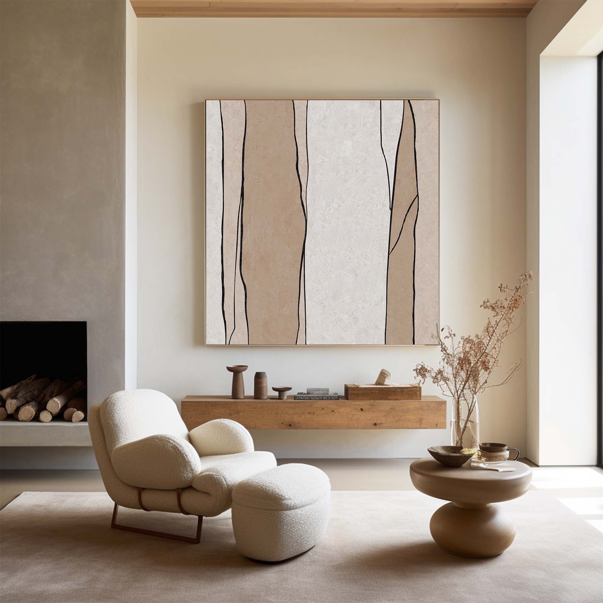 Minimalist Beige Black Line Pattern Painting