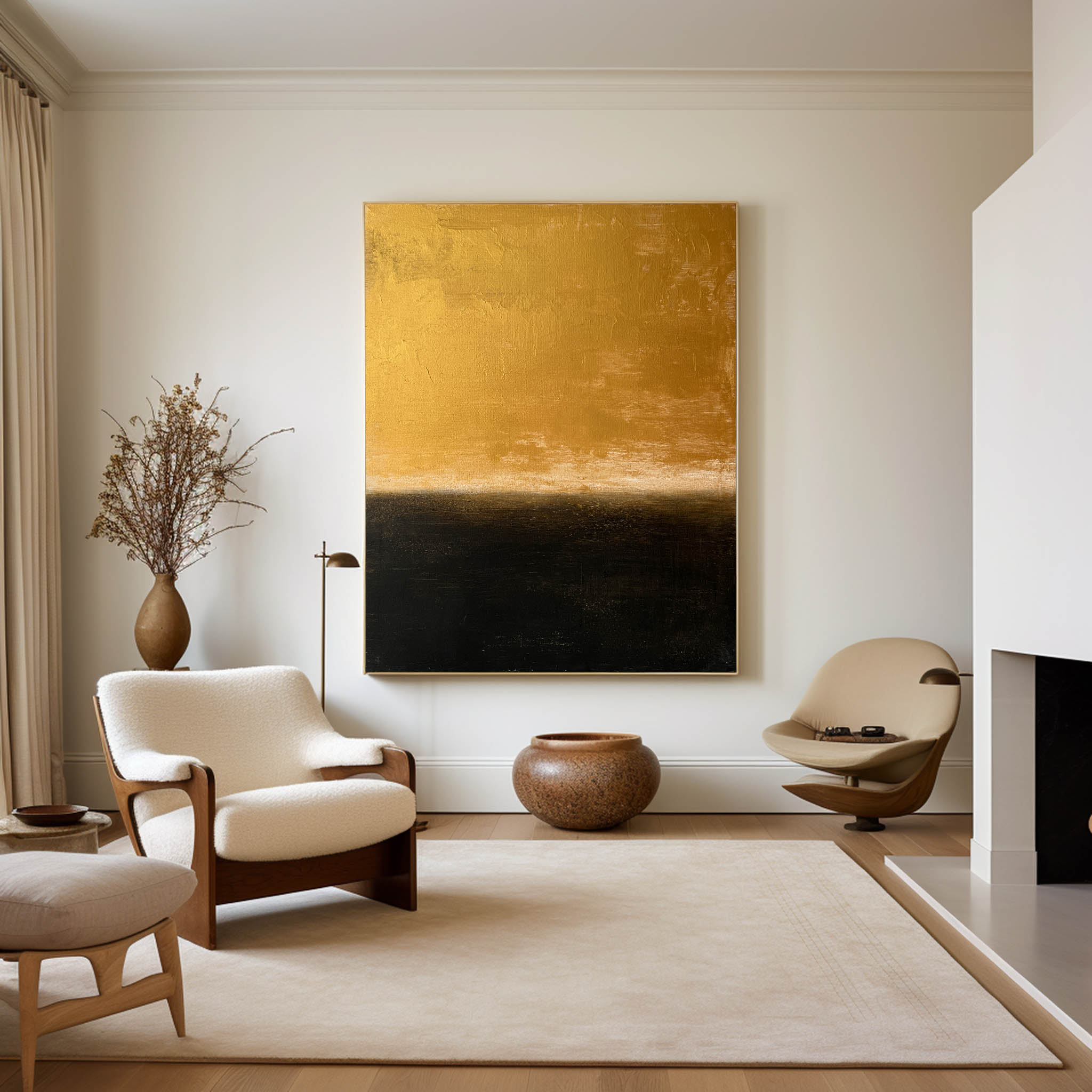 Luxury Gold Black Abstract Linen Painting