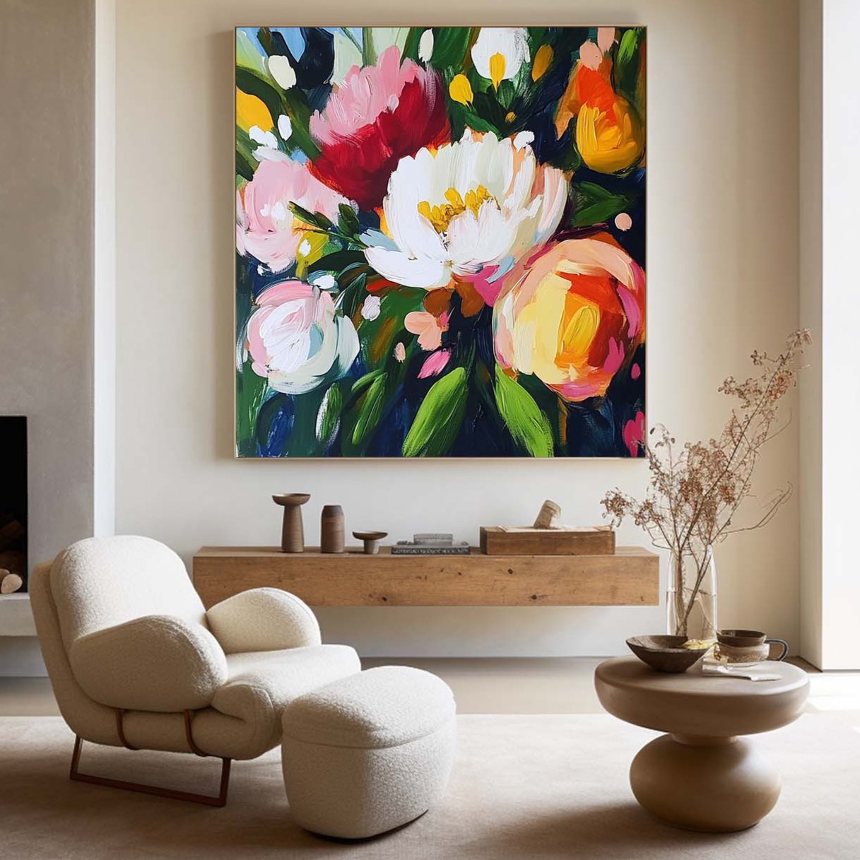 Lush Peony Bouquet Floral Vivid Pigment Thick Impasto Layered Textured Artwork