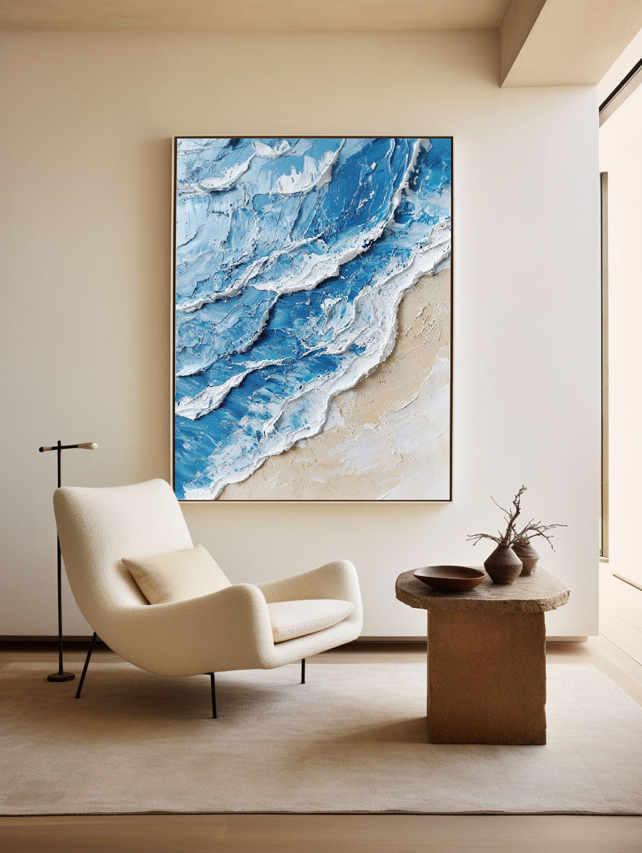 Seashore Wave Abstract Blue‑Beige Palette Heavy Raised Tactile Textured Artwork
