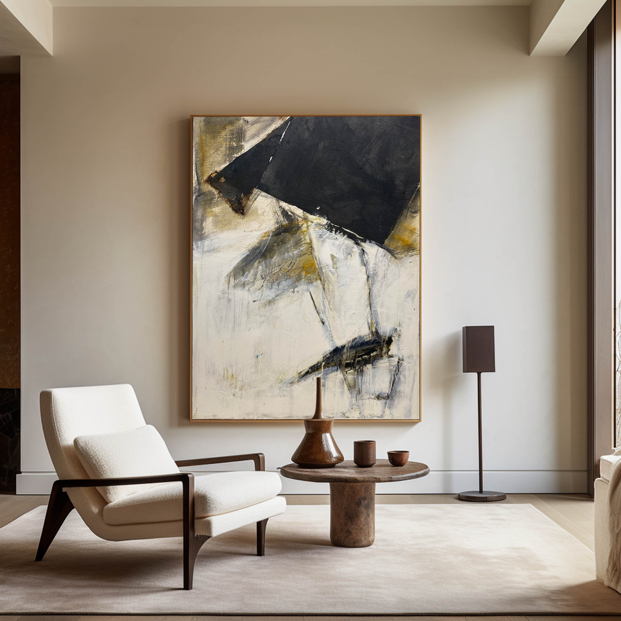 Black‑Gold Off‑White Vertical Geometric‑Fragment Impasto Artwork