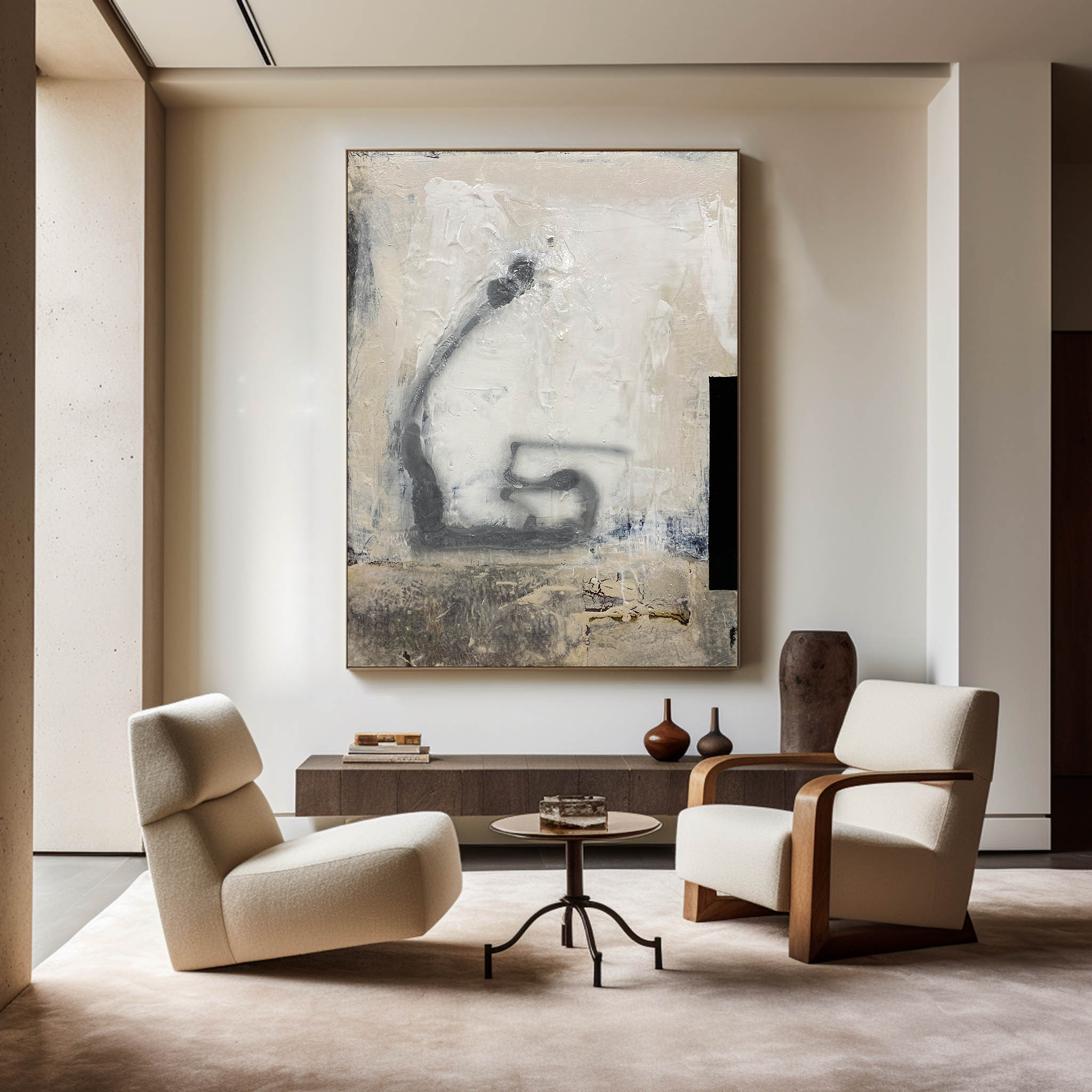 Abstract Beige Grey Black Brush Stroke Painting
