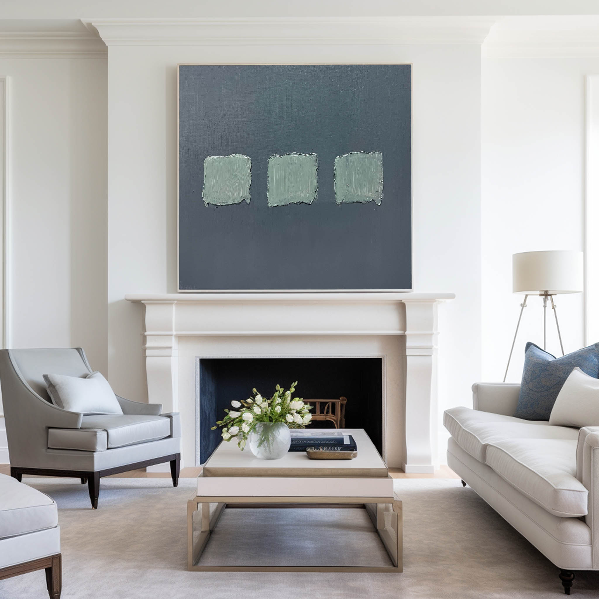 Wall Art Sage Green Textured Squares on Grey Abstract Minimalist Texture Bedroom | Neutralighting
