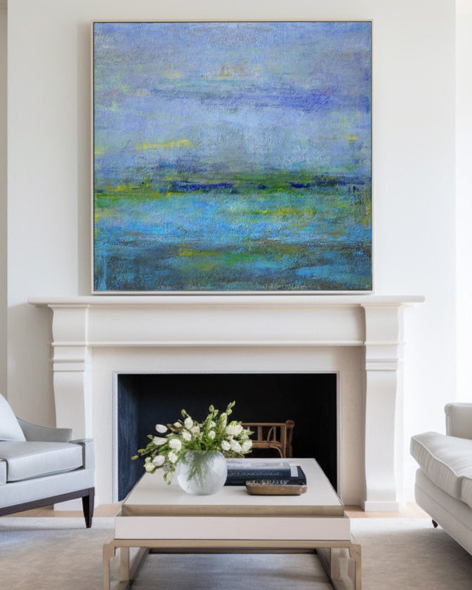 Blue‑Green‑Lavender Square Abstract Landscape Textured Artwork