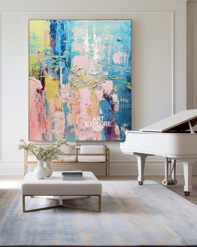 Wall Art Blue Pink Floral Abstract Textured Living Room | Neutralighting