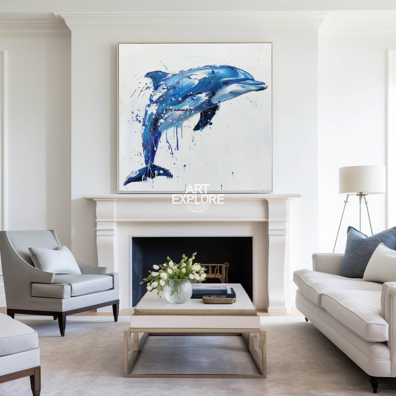 Blue Jumping Dolphin Canvas Wall Art