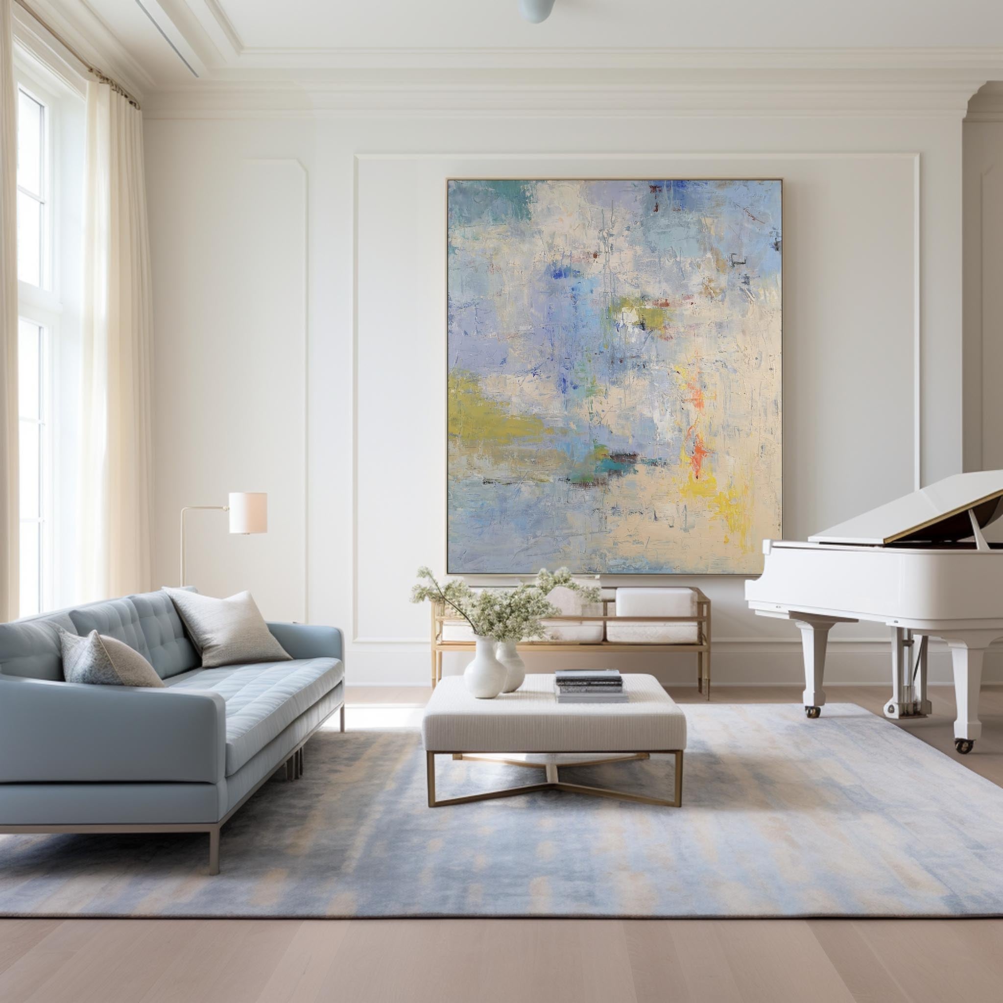 Sky‑Blue Cream‑Yellow Square Soft‑Blend Impasto Textured Artwork