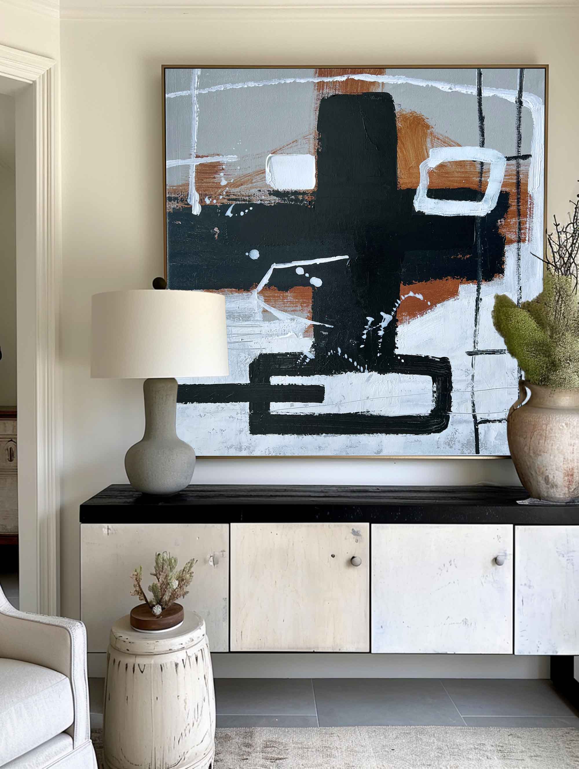 Geometric Minimal Abstract Earth‑Tone Unstretched Linen Canvas Art