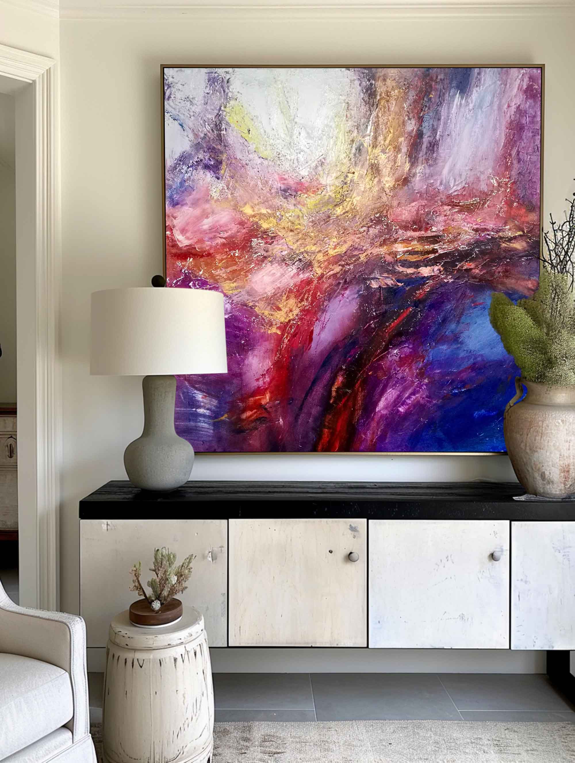 Purple‑Pink‑Gold Square Abstract  Swirling Thick Impasto‑Texture Artwork