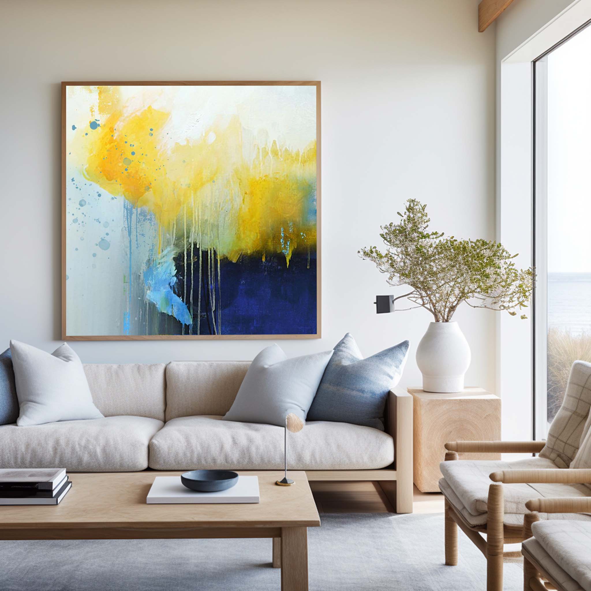 Yellow‑Deep‑Blue Square Fluid‑Wash Dripping Abstract Textured Artwork