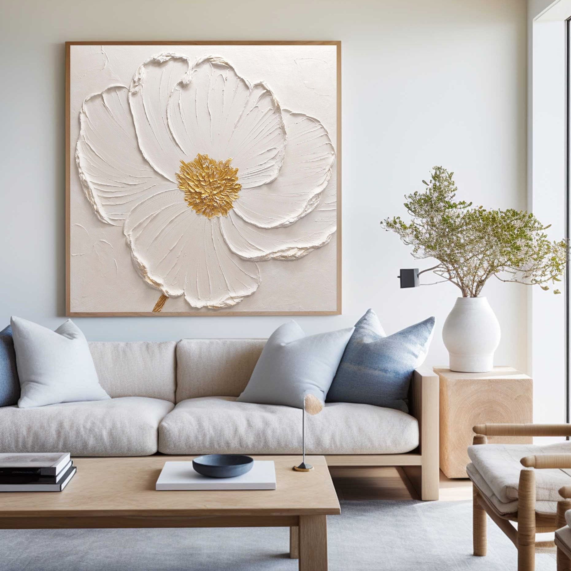 Elegant White Floral Relief Textured Wall Art