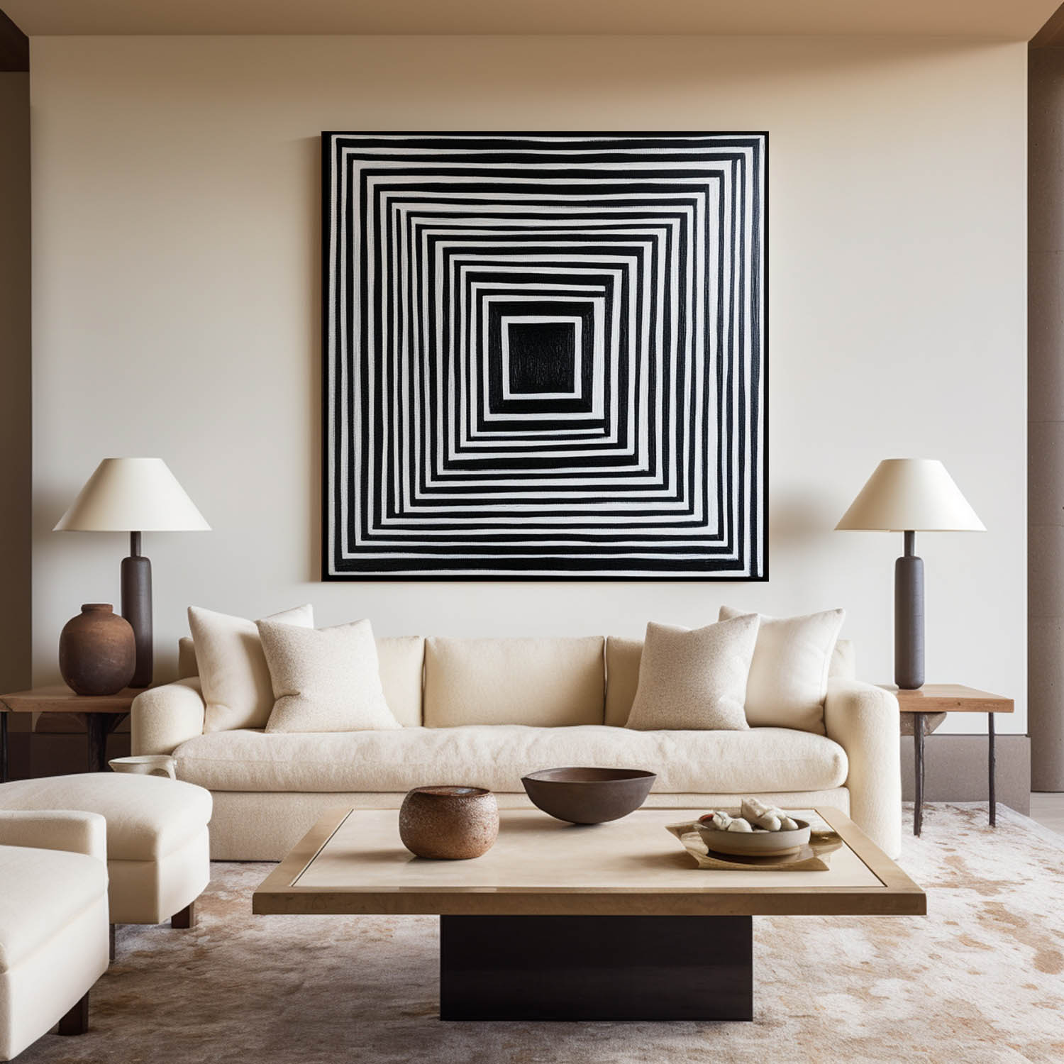Concentric Square Geometric Abstract Monochrome Layered Textured Artwork