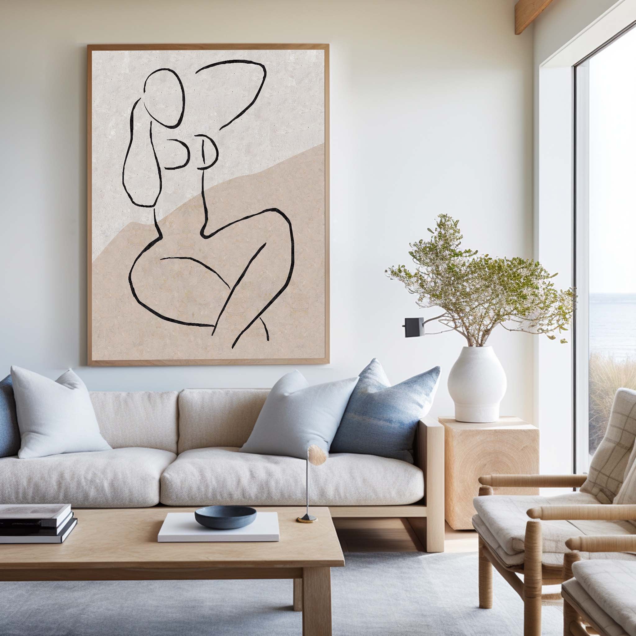 Minimalist Beige Black Line Art Figure Painting