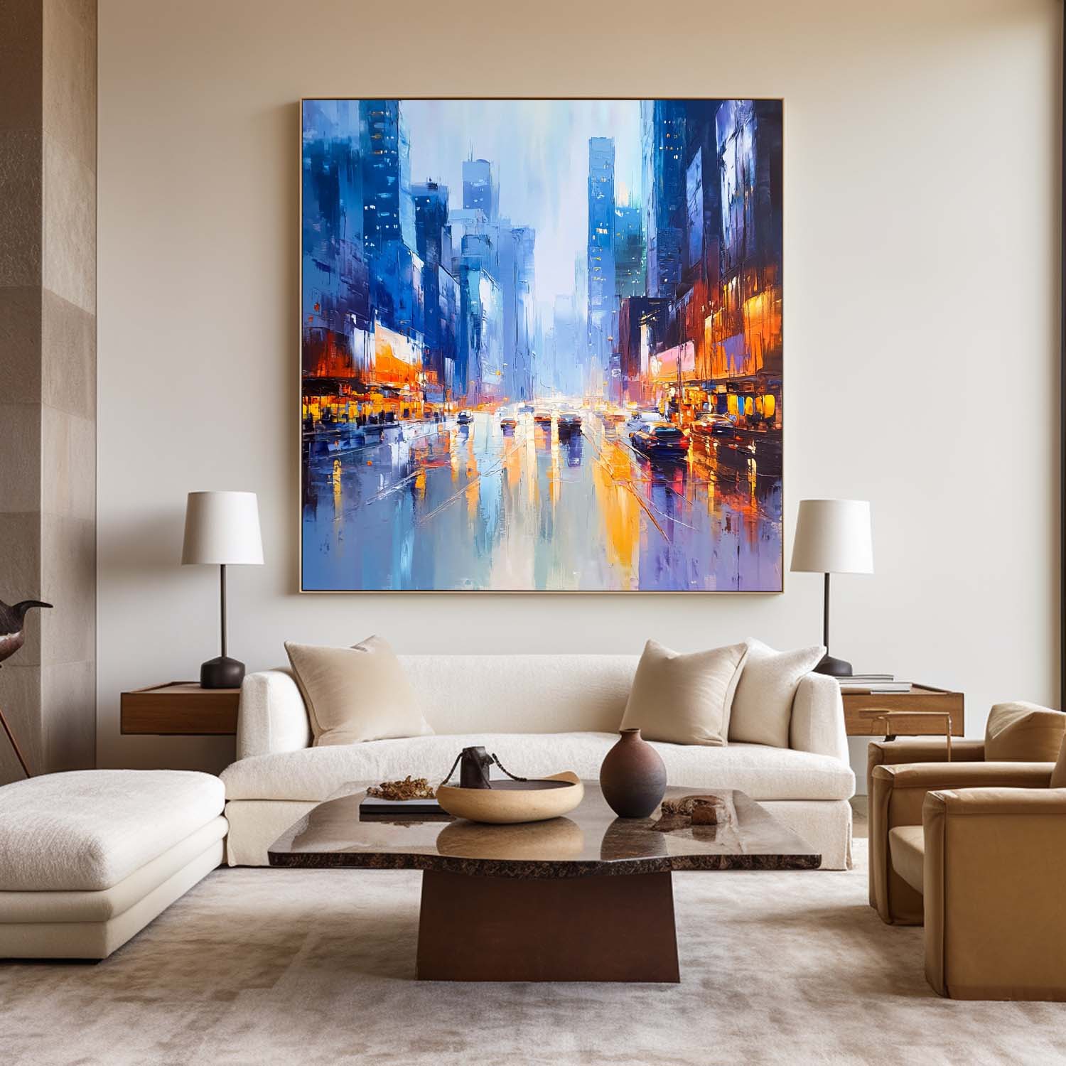 City Night Rain Reflection Oil Painting