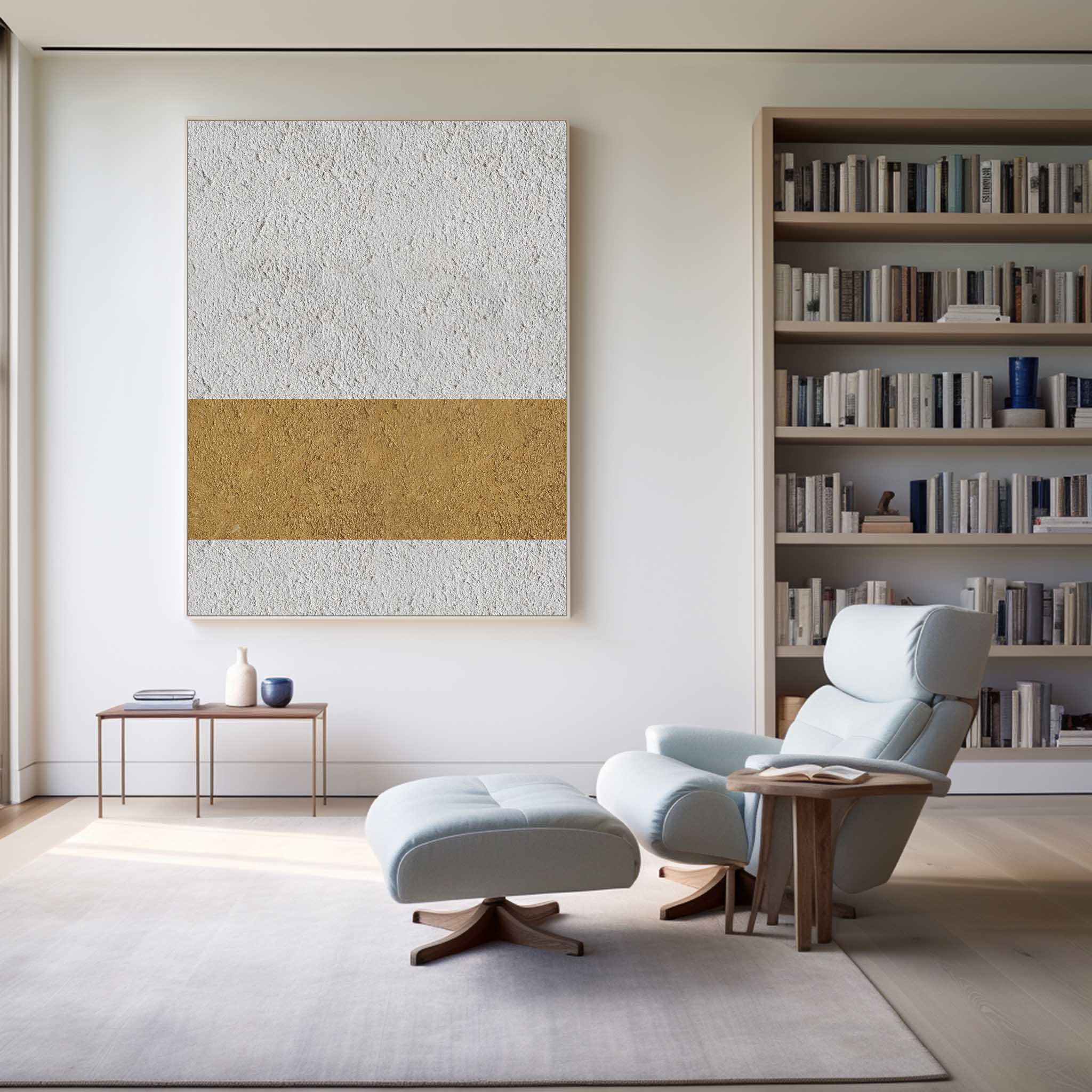 Off‑White‑Gold Horizontal Abstract Centered‑Stripe Coarse‑Textured Artwork