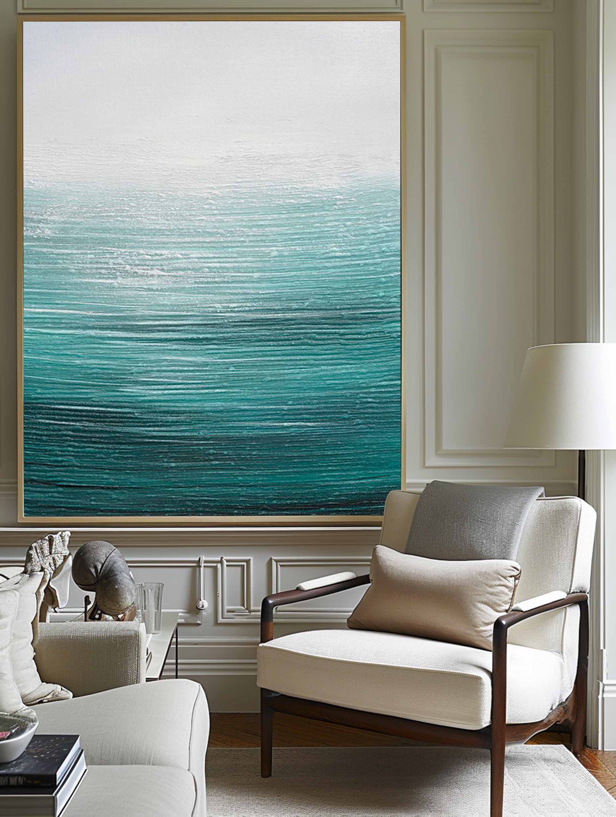 bstract Teal Gradient Seascape Minimalist Oil Acrylic Linen Canvas Painting
