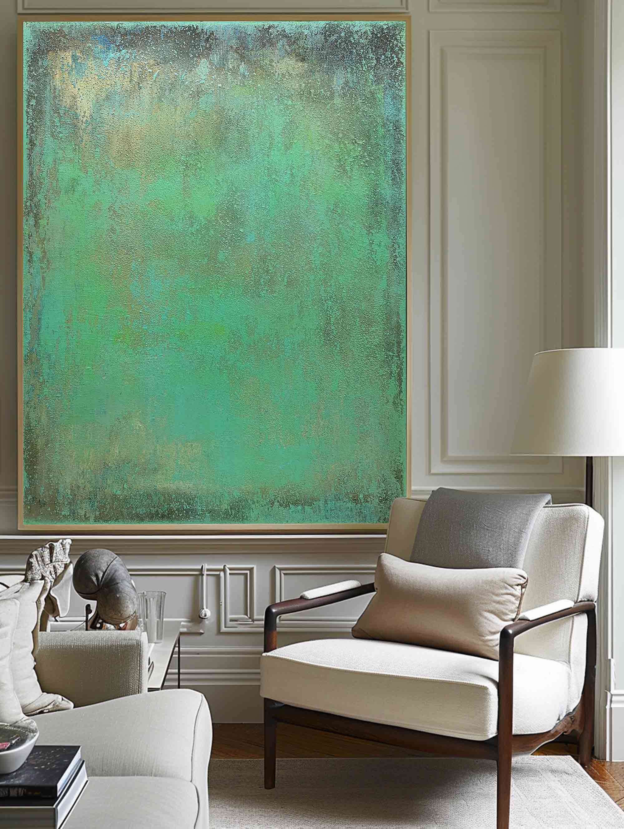 Muted‑Green Gold‑Fleck Vertical Textured‑Wash Impasto Artwork