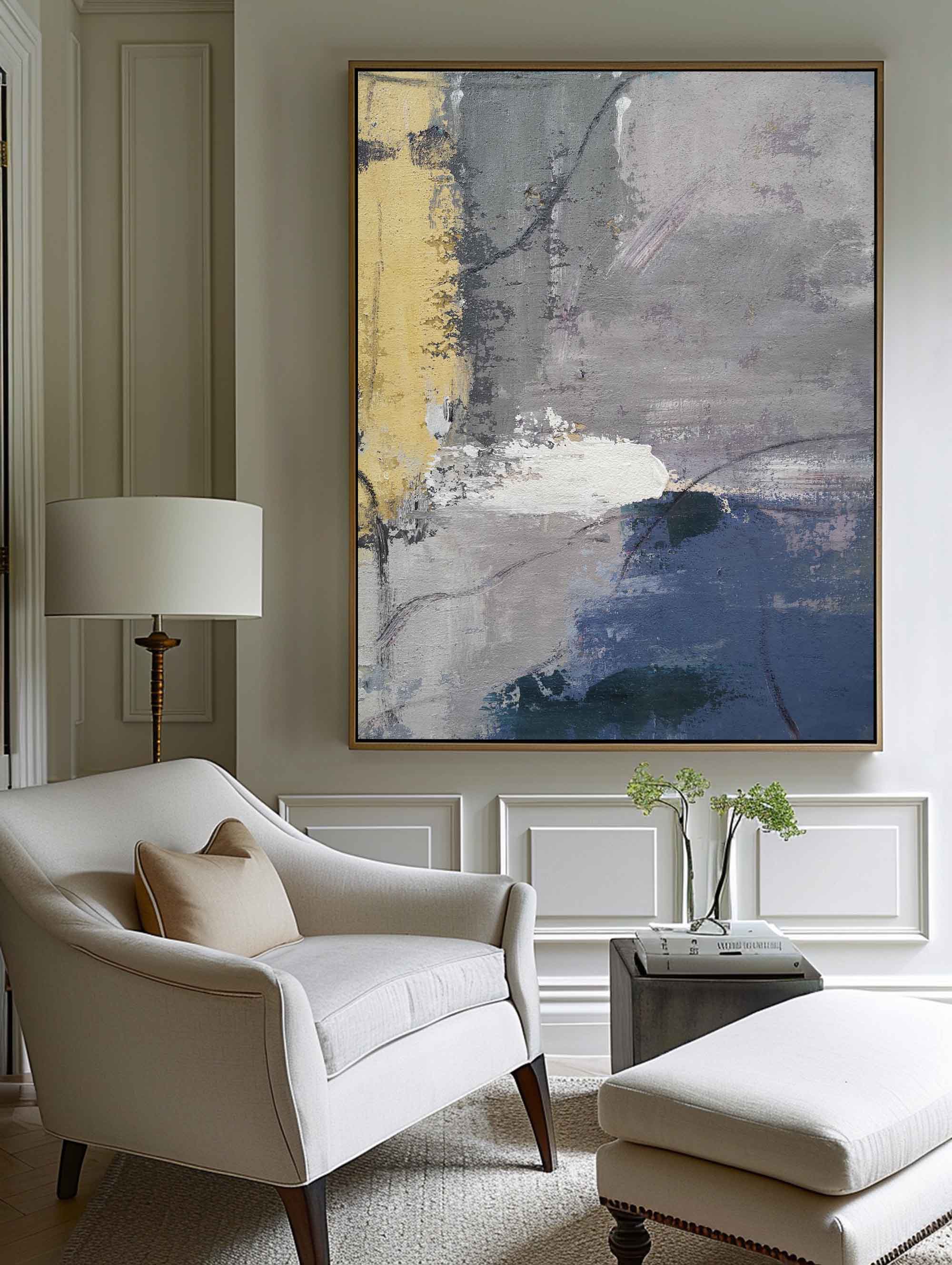 Grey‑Gold Navy‑Accent Vertical Brush‑Stroke Impasto Textured Artwork