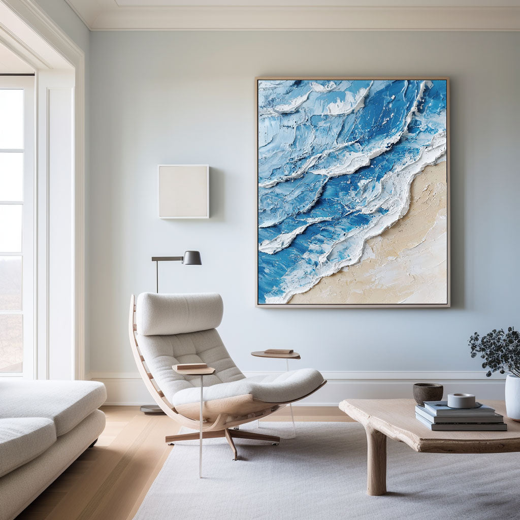 Seashore Wave Abstract Blue‑Beige Palette Heavy Raised Tactile Textured Artwork