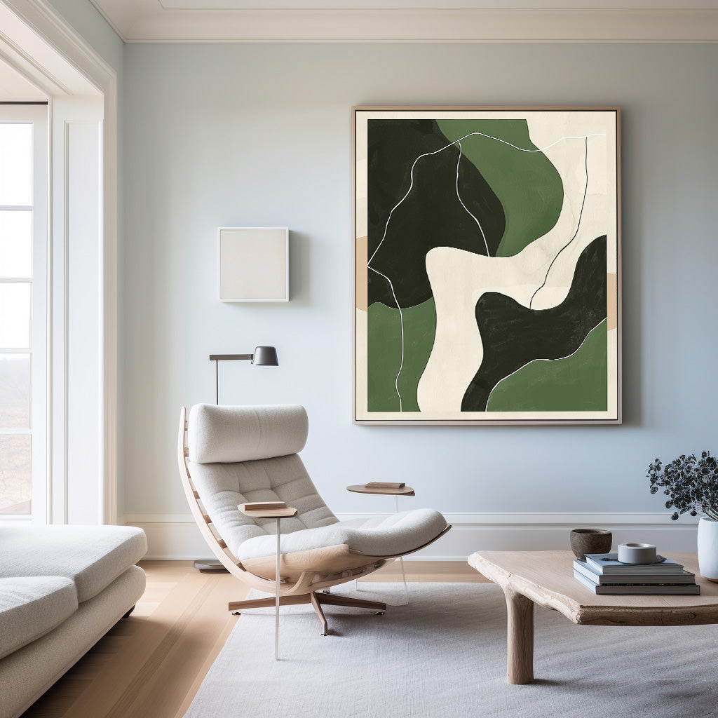 Green‑Beige‑Black Curved Contour Abstract  Layered Impasto Textured Artwork
