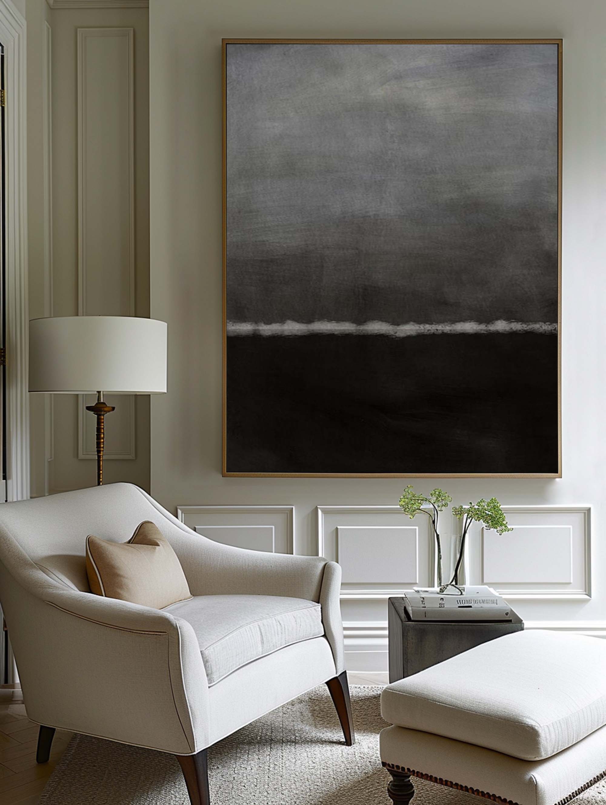 Abstract Black Gray Nocturnal Moonlit Horizon Oil Acrylic Linen Canvas Painting