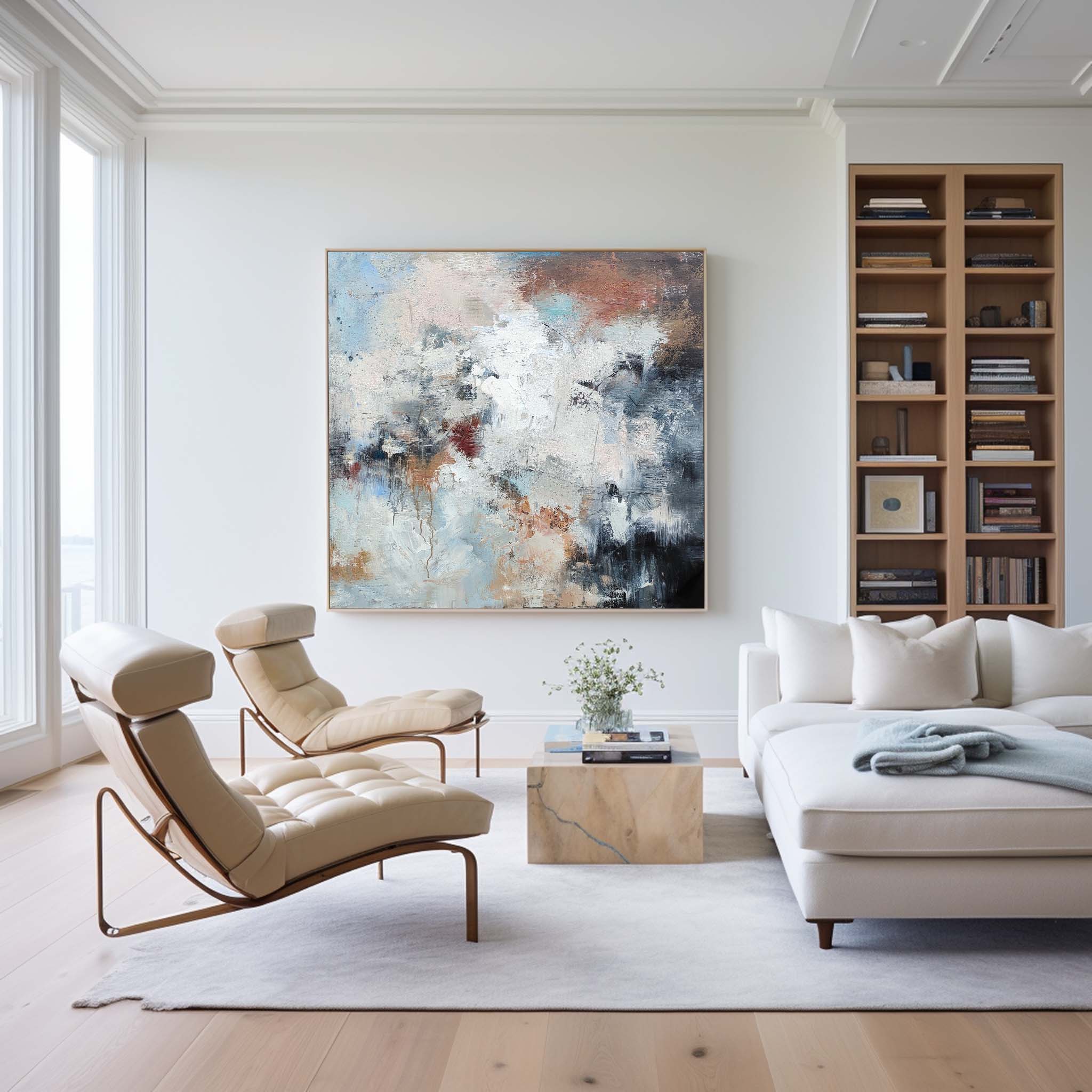 Blue‑White‑Terracotta Square Abstract  Earth‑Tone Layered‑Texture Artwork