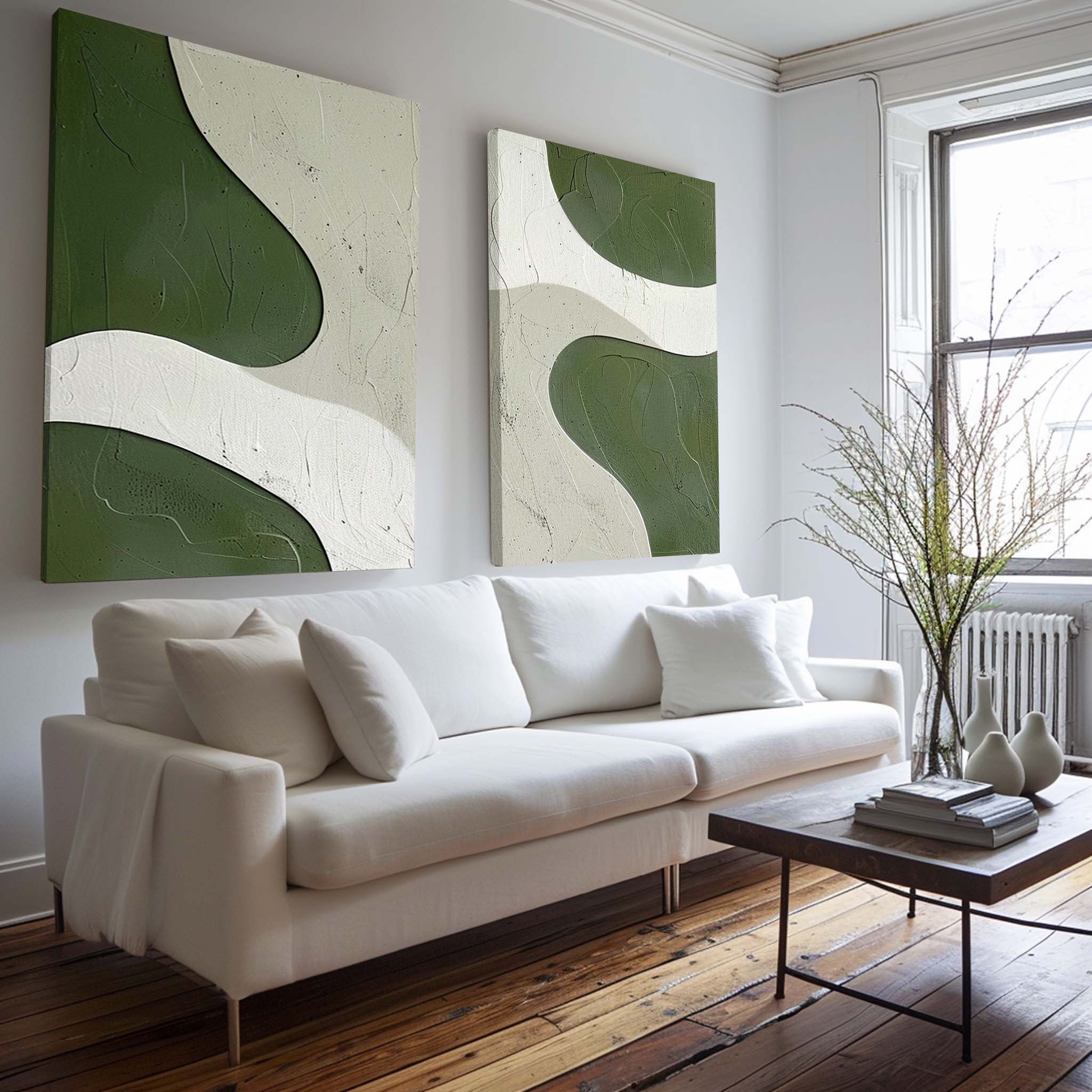 Two‑Panel Green‑White Curved Shape Abstract  Tactile Impasto Textured Artwork
