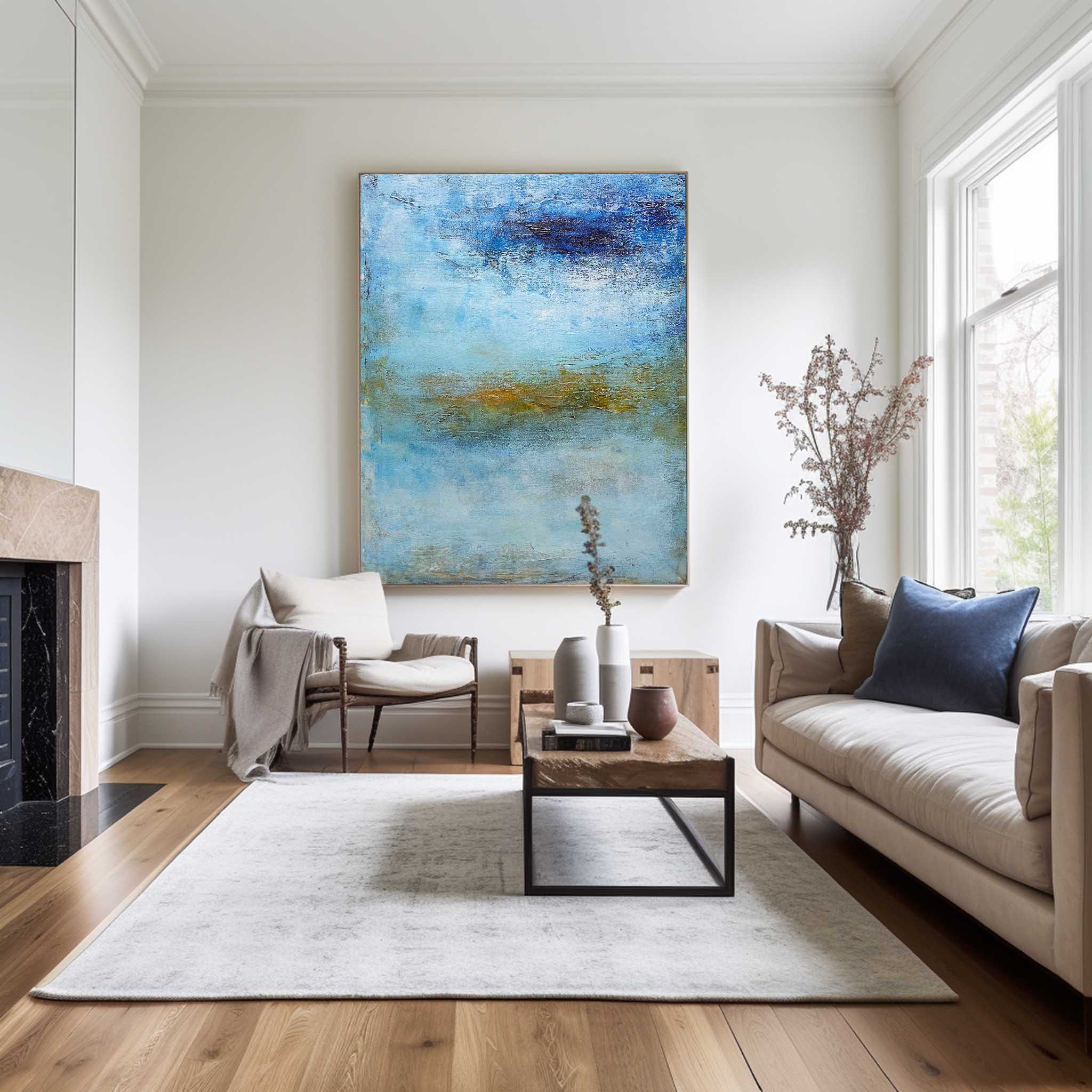 Seascape Blue Gold White Coastal Abstract Oil Painting on Linen Canvas