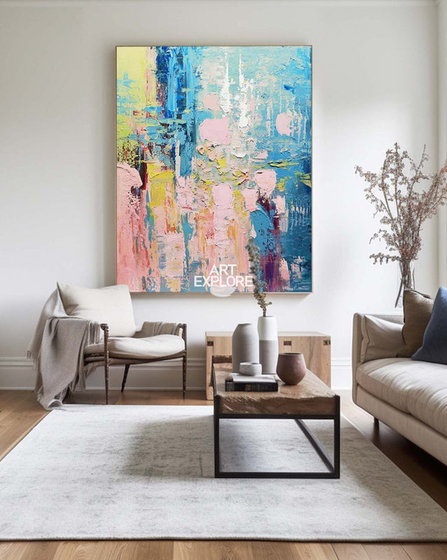 Wall Art Blue Pink Floral Abstract Textured Living Room | Neutralighting