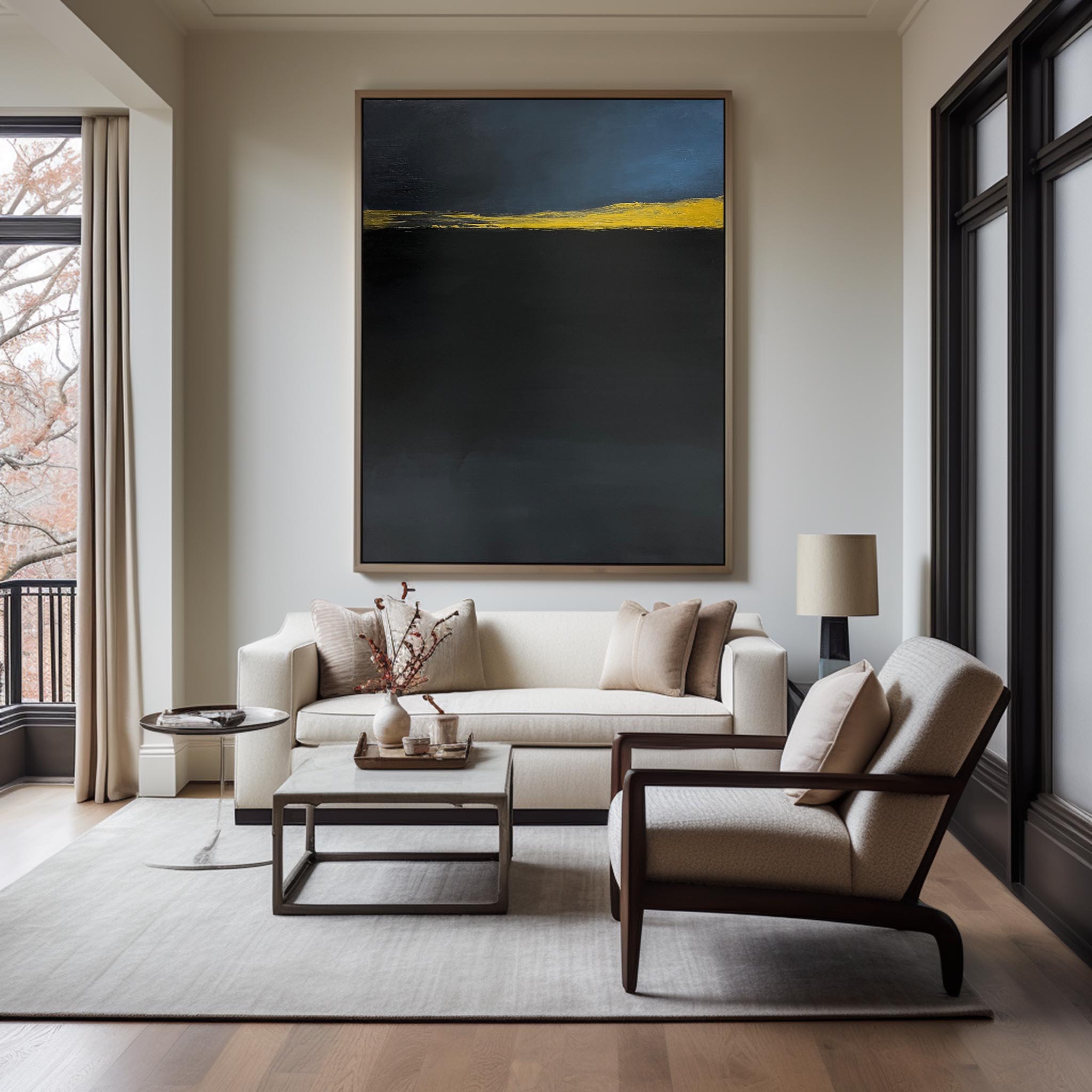 Modern Black Gold Yellow Abstract Linen Art