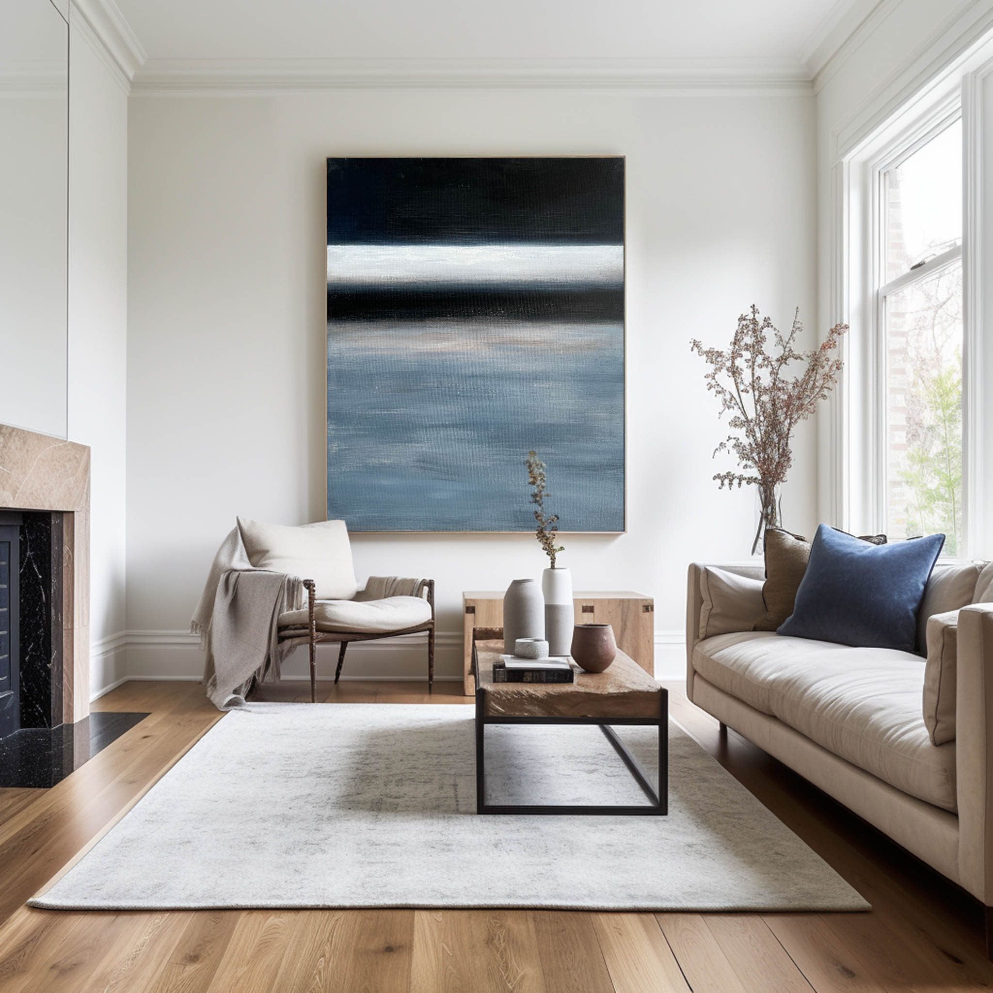 Moody Ocean Horizon Abstract Linen Canvas Wall Artwork