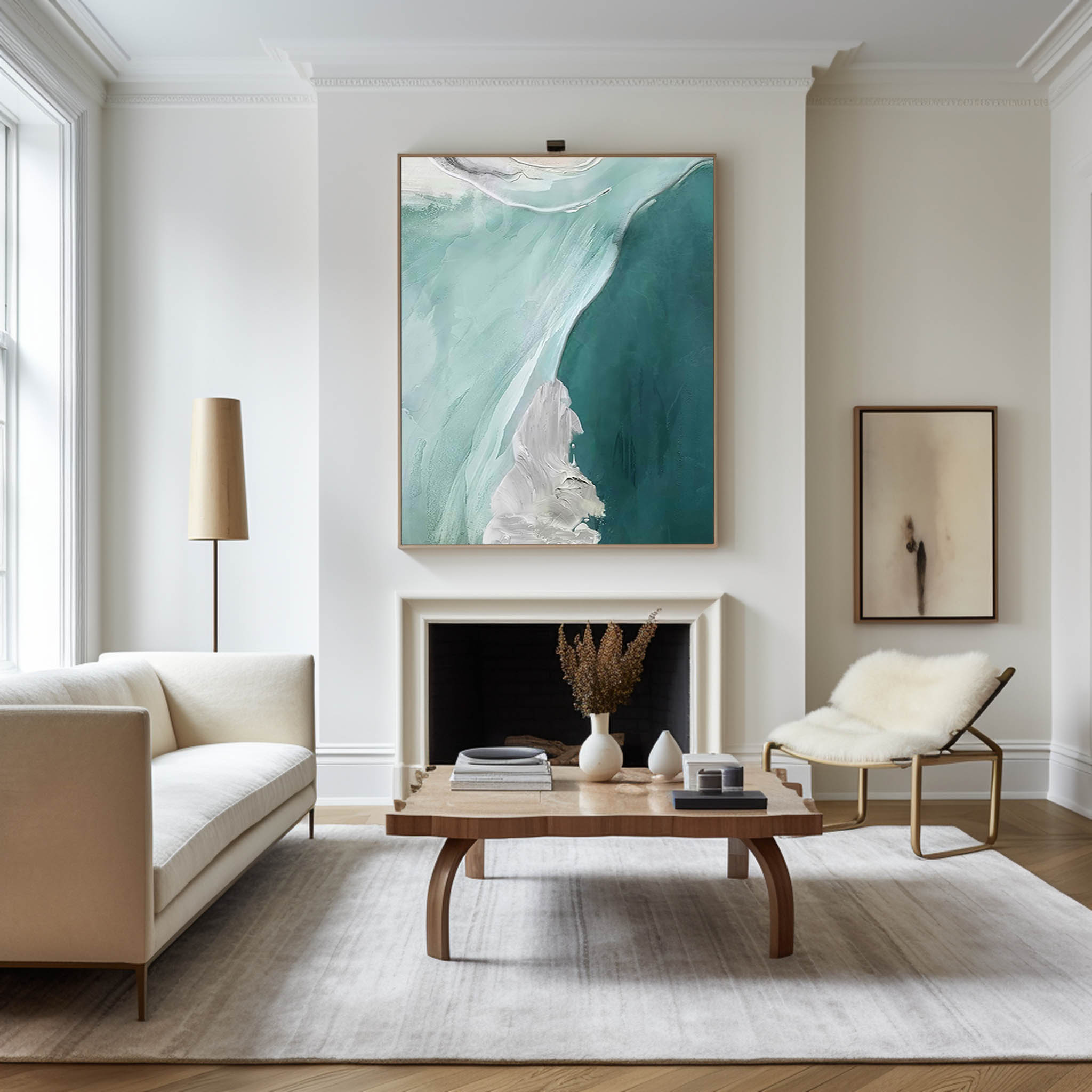 Abstract Teal White Fluid Coastal Waves Oil Acrylic Linen Canvas Painting