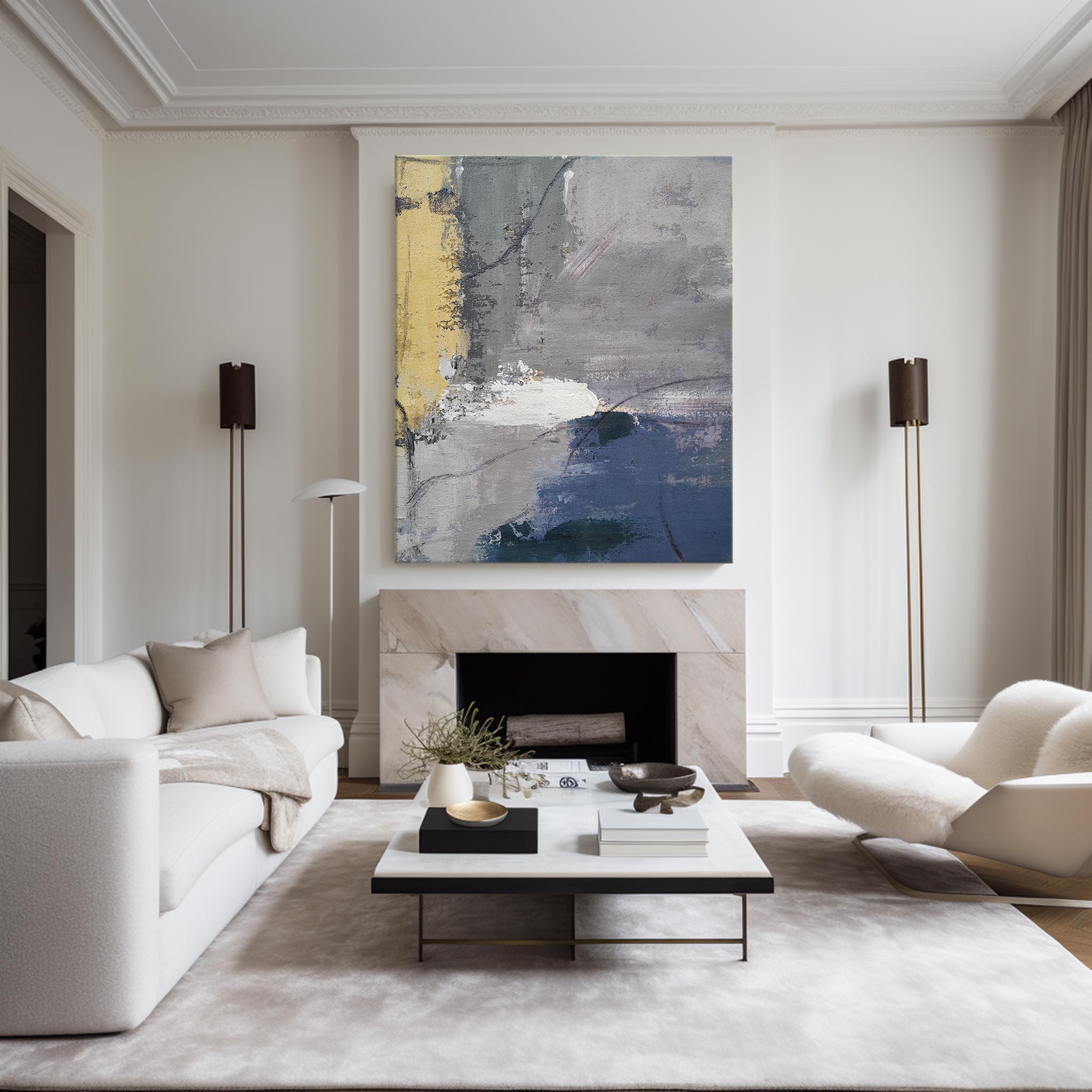 Grey‑Gold Navy‑Accent Vertical Brush‑Stroke Impasto Textured Artwork