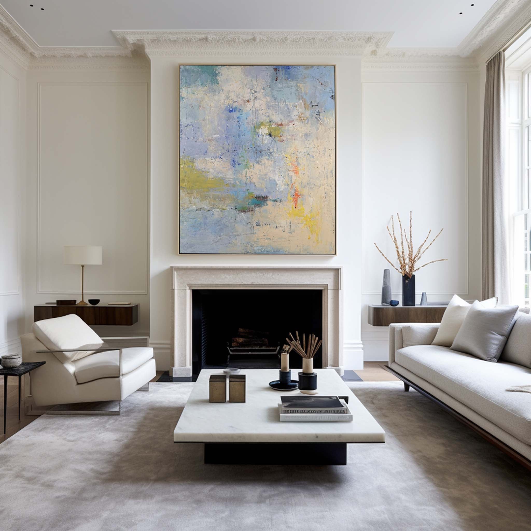 Sky‑Blue Cream‑Yellow Square Soft‑Blend Impasto Textured Artwork